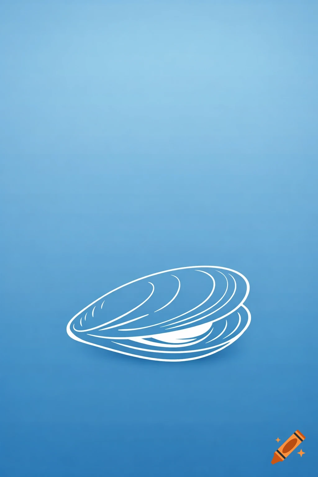 White line drawing of an open mussel shell with a shadow, on a gradient blue background.
