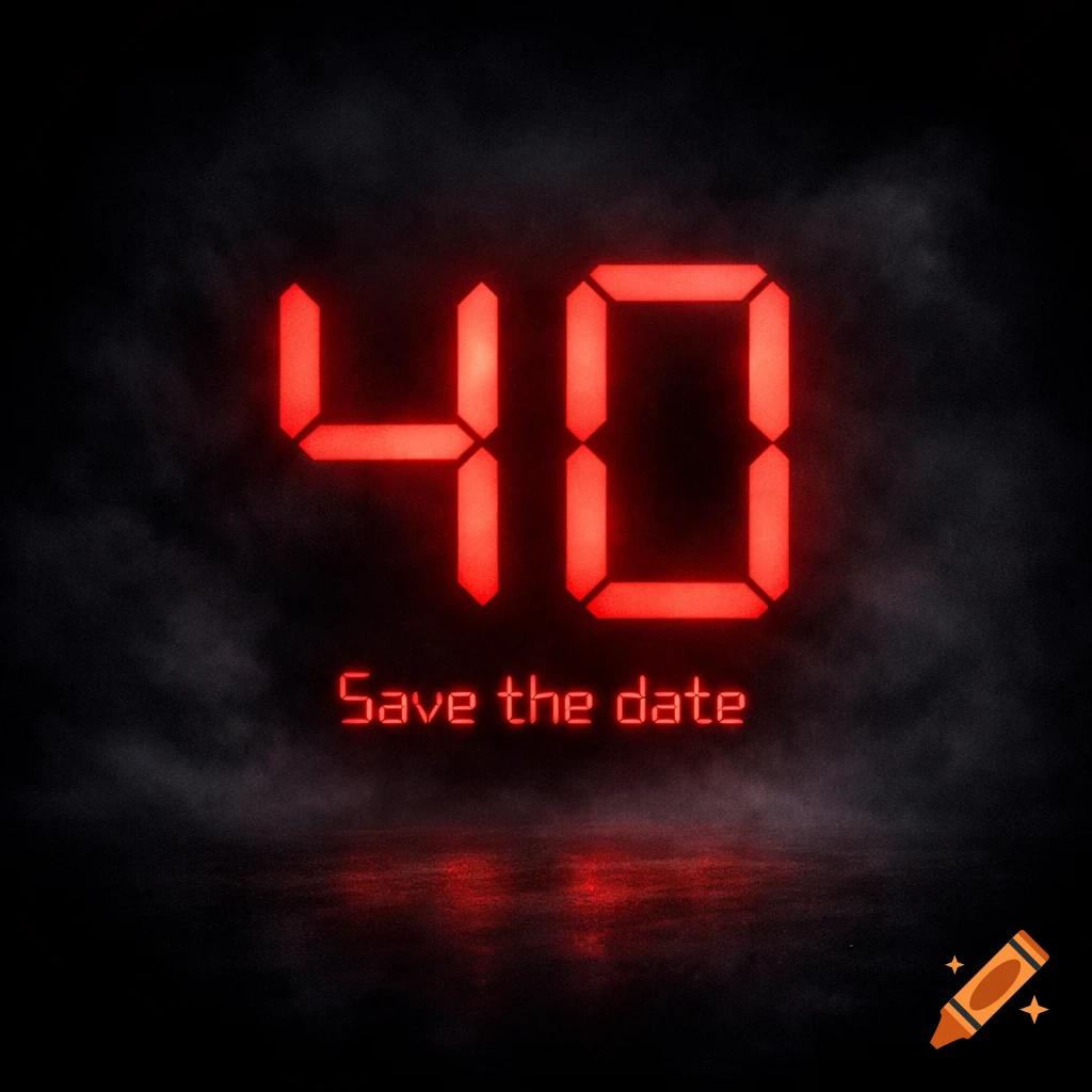 A dark, elegant image with glowing red digital numbers '40' above smaller text 'Save the date' in a foggy, reflective setting.