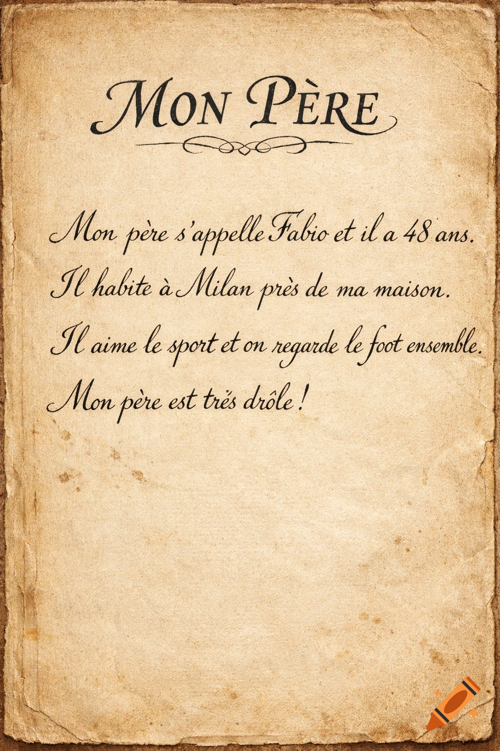 An antique, textured paper with elegant black script in French, titled 'Mon Père', and additional text below.