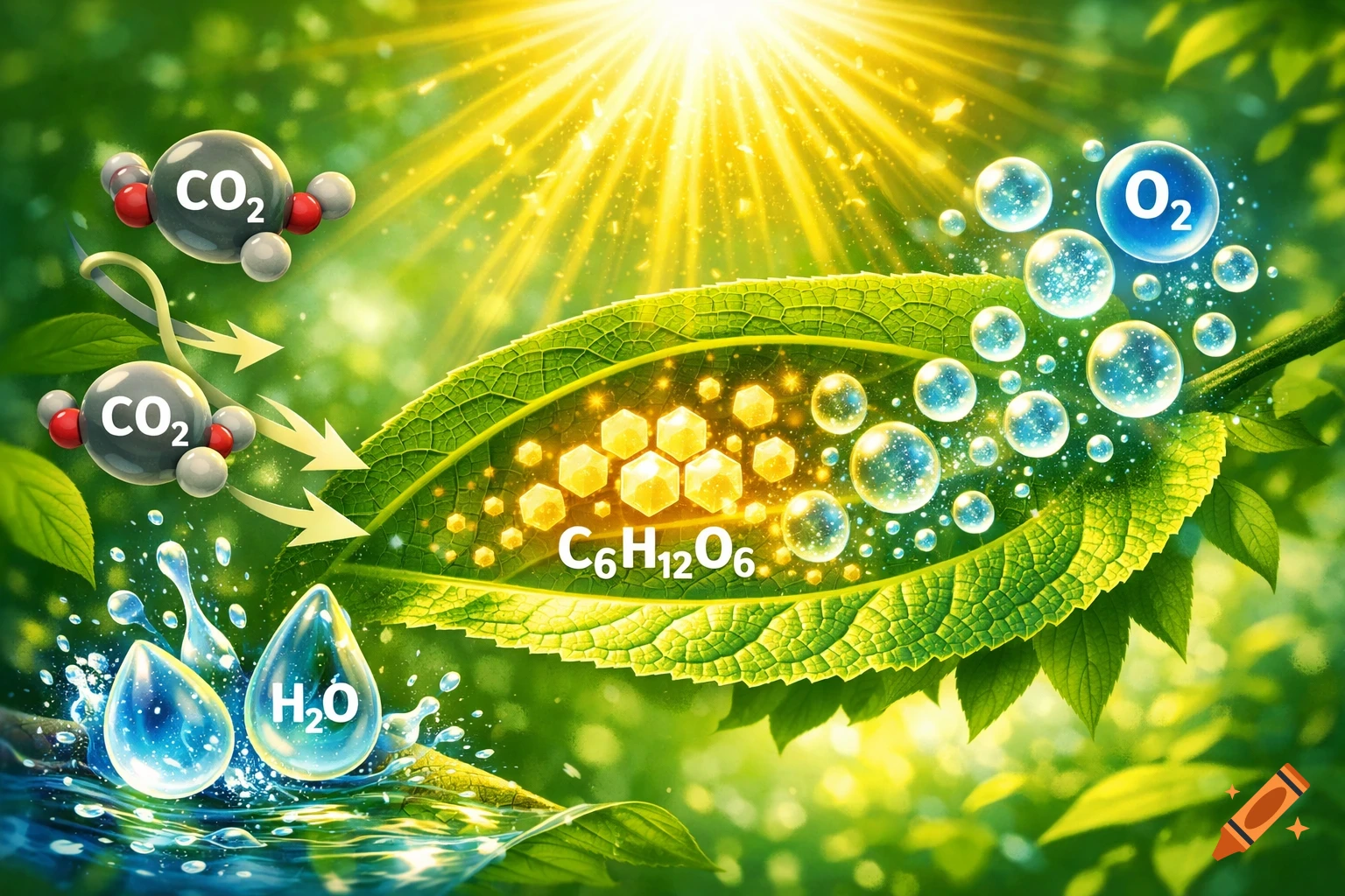 A vibrant illustration of photosynthesis, showing CO2 and H2O entering a bright green leaf under sunlight, producing C6H12O6 and O2 bubbles.