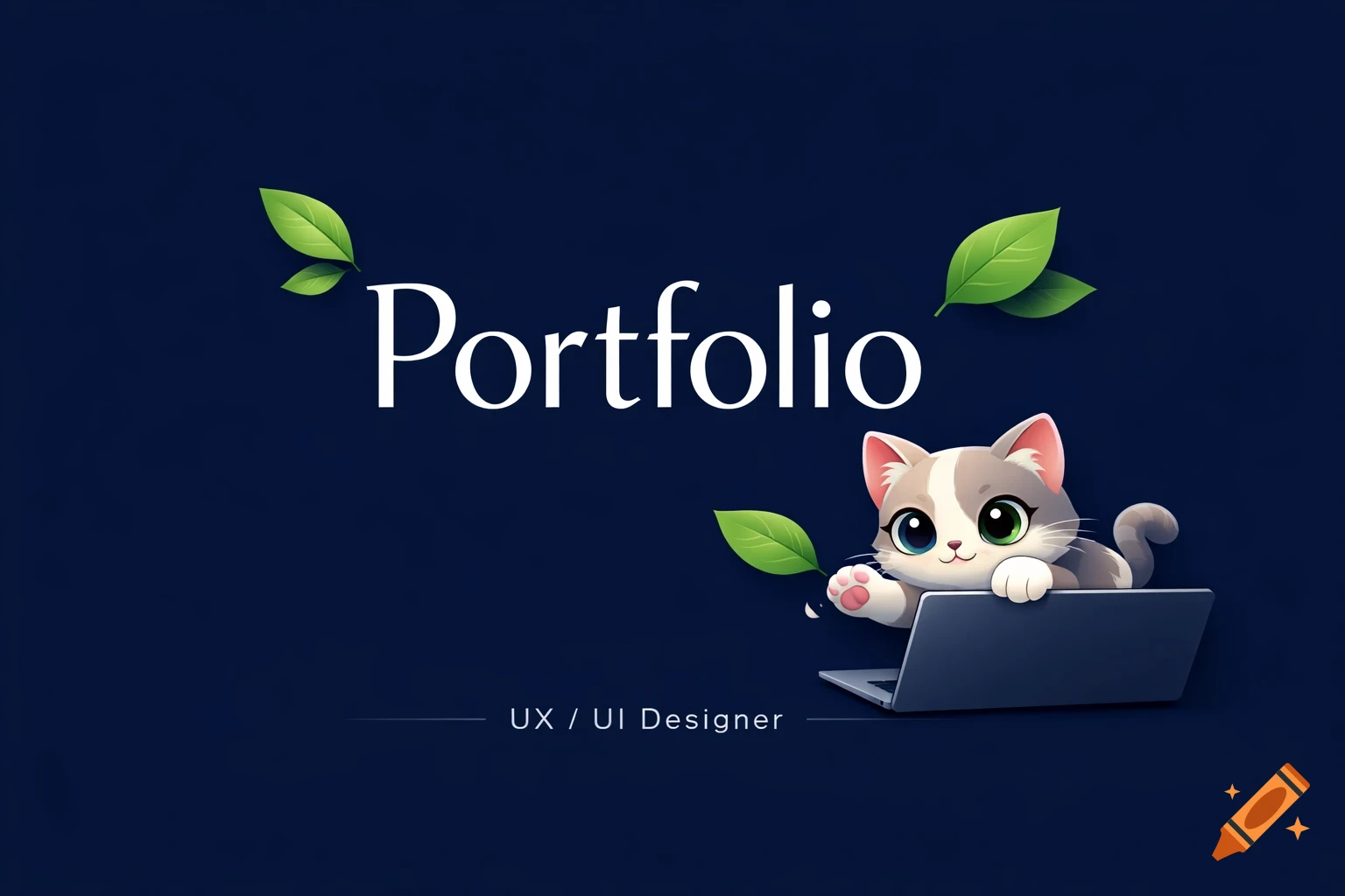 A cute animated cat peeks over a laptop. Text reads 'Portfolio' and 'UX / UI Designer' on a navy background with green leaves.