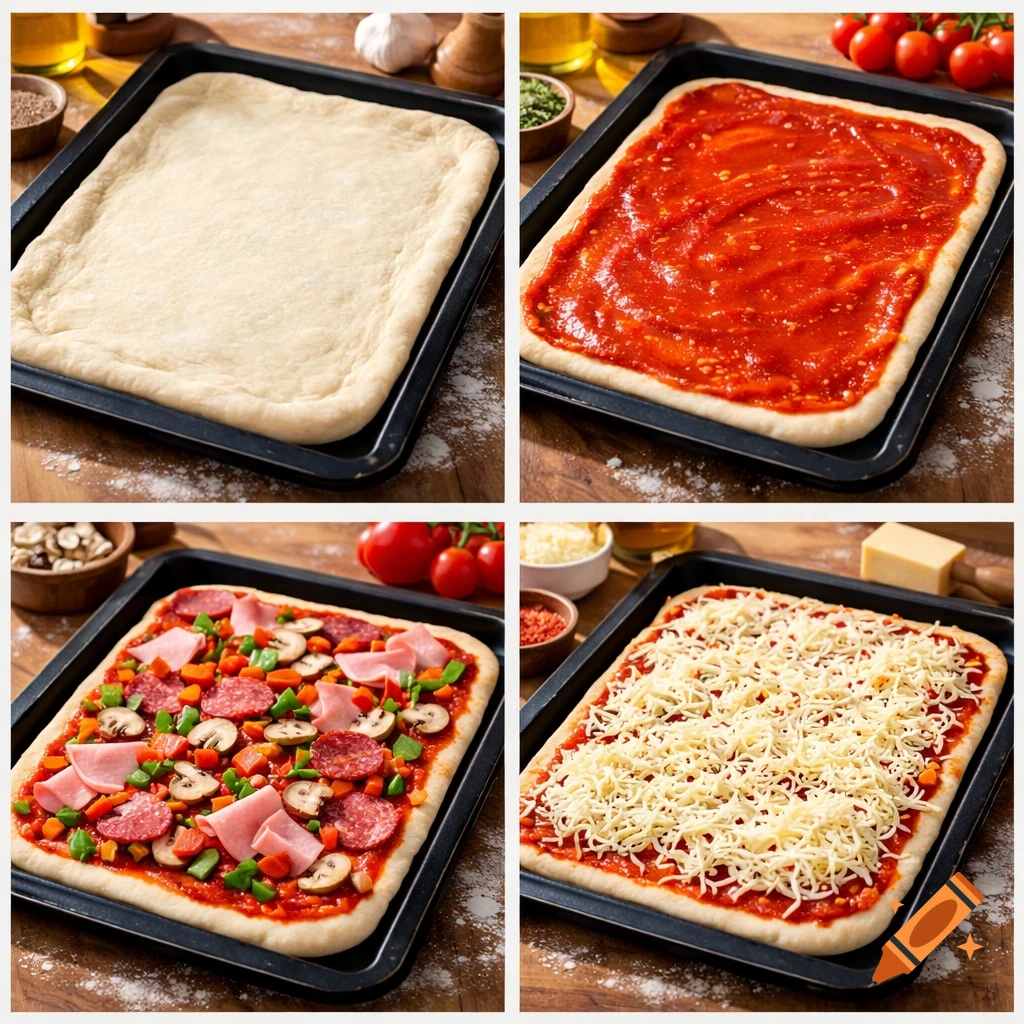 Four-panel image showing pizza making steps: dough on tray, with sauce, with toppings, and with shredded cheese.