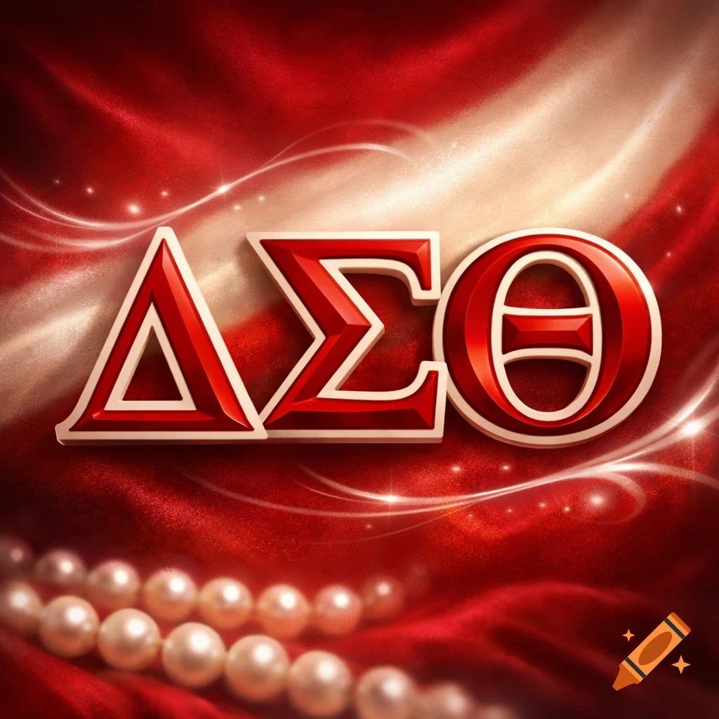 Stylized Greek letters Delta Sigma Theta in red and gold on a shimmering red fabric background with pearls.