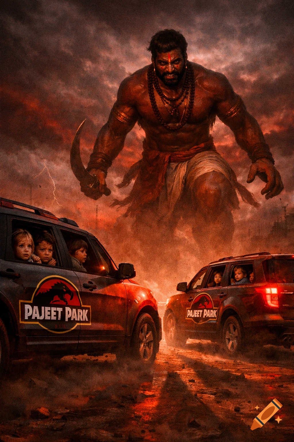 A giant, angry Indian man with a curved blade looms over two Ford Explorers with terrified children inside, against a stormy, reddish sky. The cars have a "PAJEET PARK" logo.