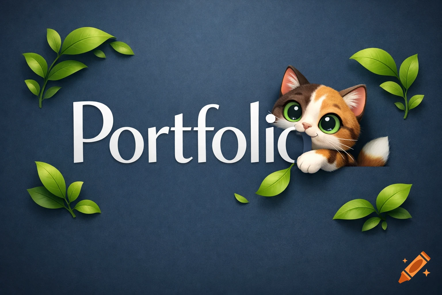 A cute, big-eyed cartoon cat peeks from behind the word 'Portfolio' on a dark blue background with green leaves.