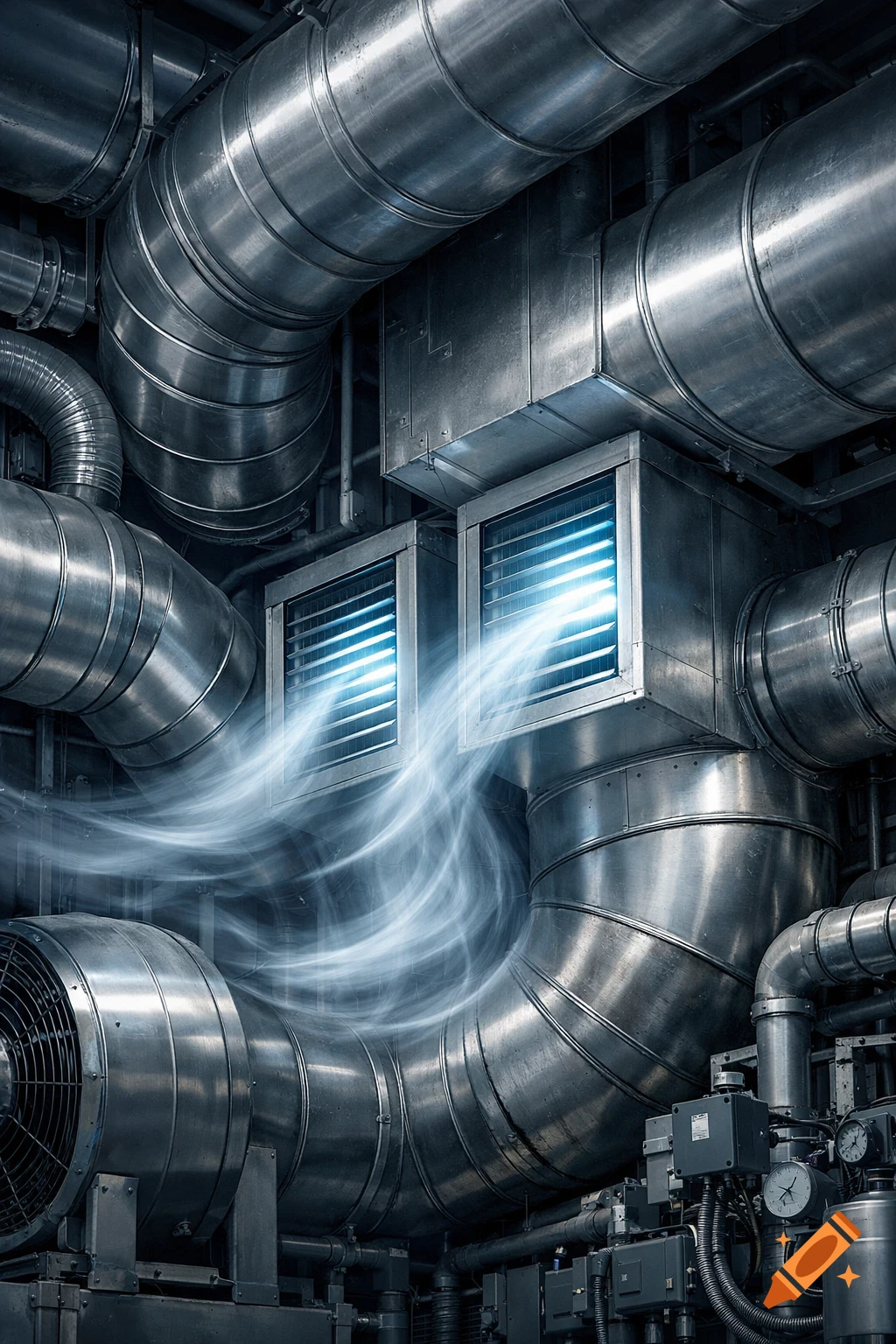 Complex industrial heating, ventilation, and air-conditioning (HVAC) system with metallic ducts and blue airflow.