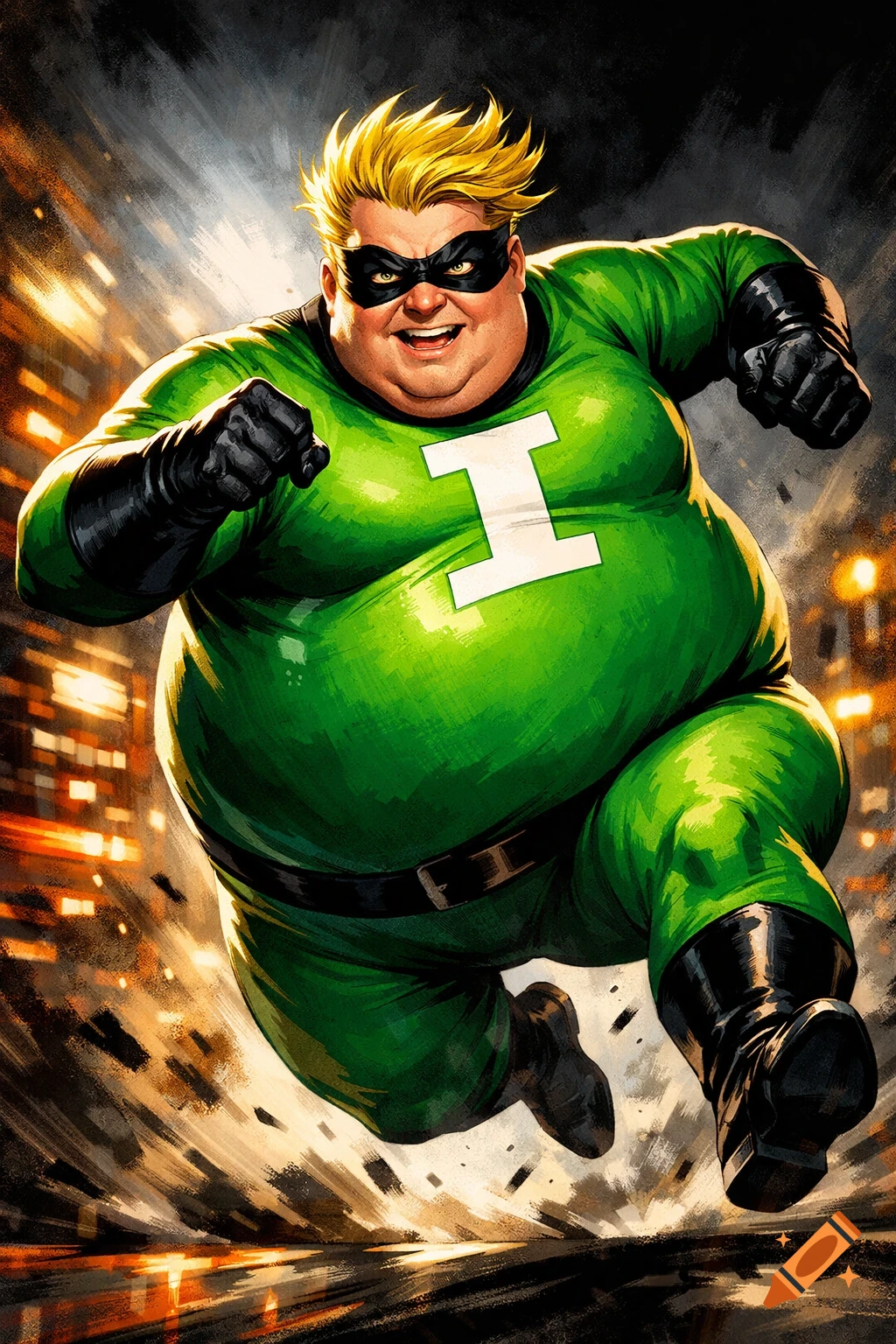 A running, overweight superhero in a green suit with a white 'I', yellow hair, and black mask, gloves, and boots, in a dynamic comic art style.