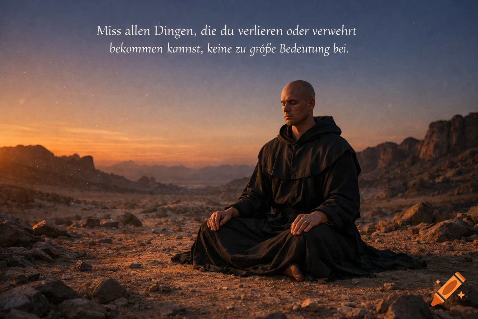 A bald ascetic in dark robes meditates in a rocky desert landscape at sunset, with German text overlaid.