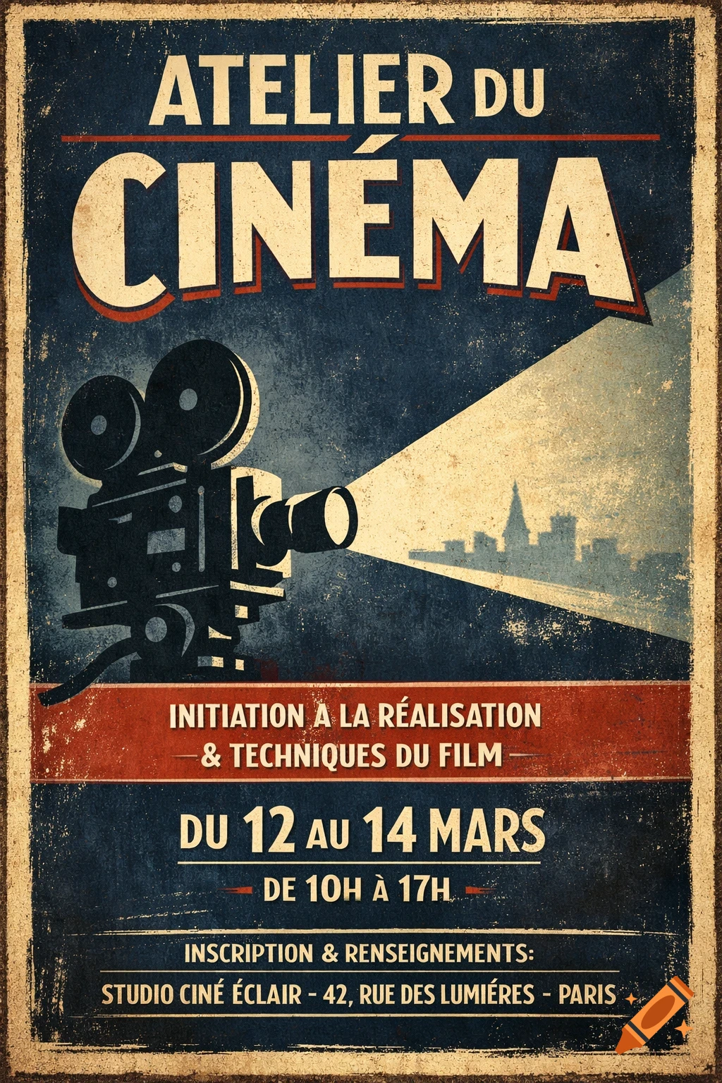 A vintage-style poster advertising a cinema workshop, featuring a film camera, light beam, and city skyline silhouette, with French text.