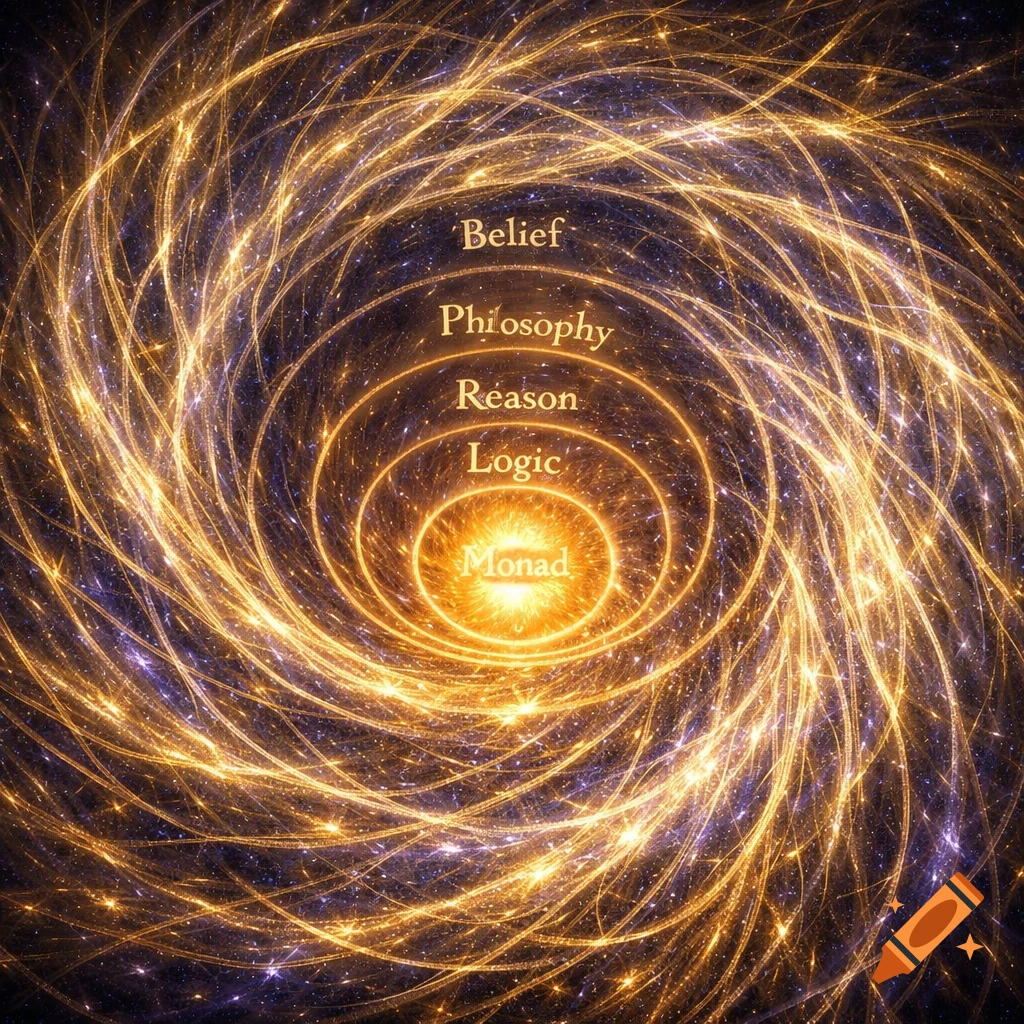A mystical cosmic spiral of golden light, featuring a central 'Monad' orb encircled by rings labeled 'Logic', 'Reason', 'Phiosophy', and 'Belief'.