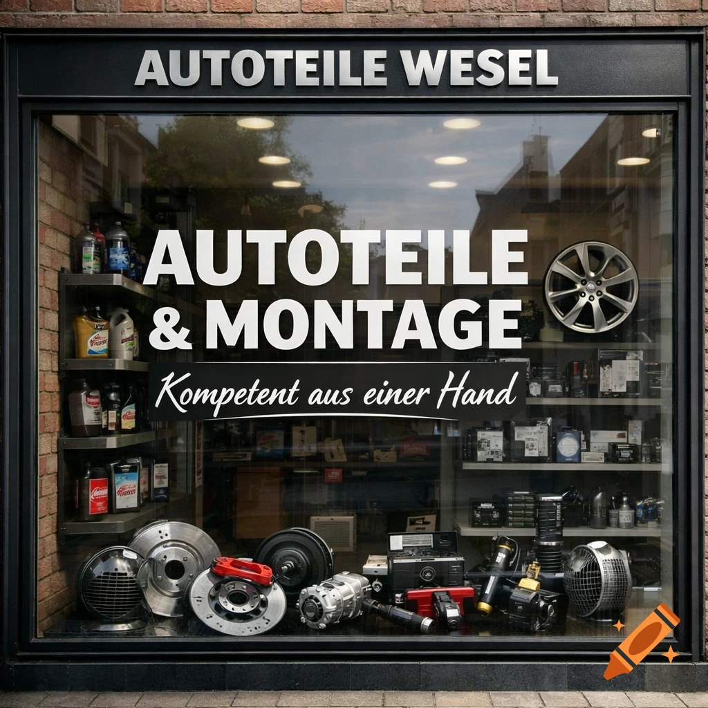 Photorealistic German auto parts shop window with text 'AUTOTEILE WESEL' and 'AUTOTEILE & MONTAGE' and various car parts.