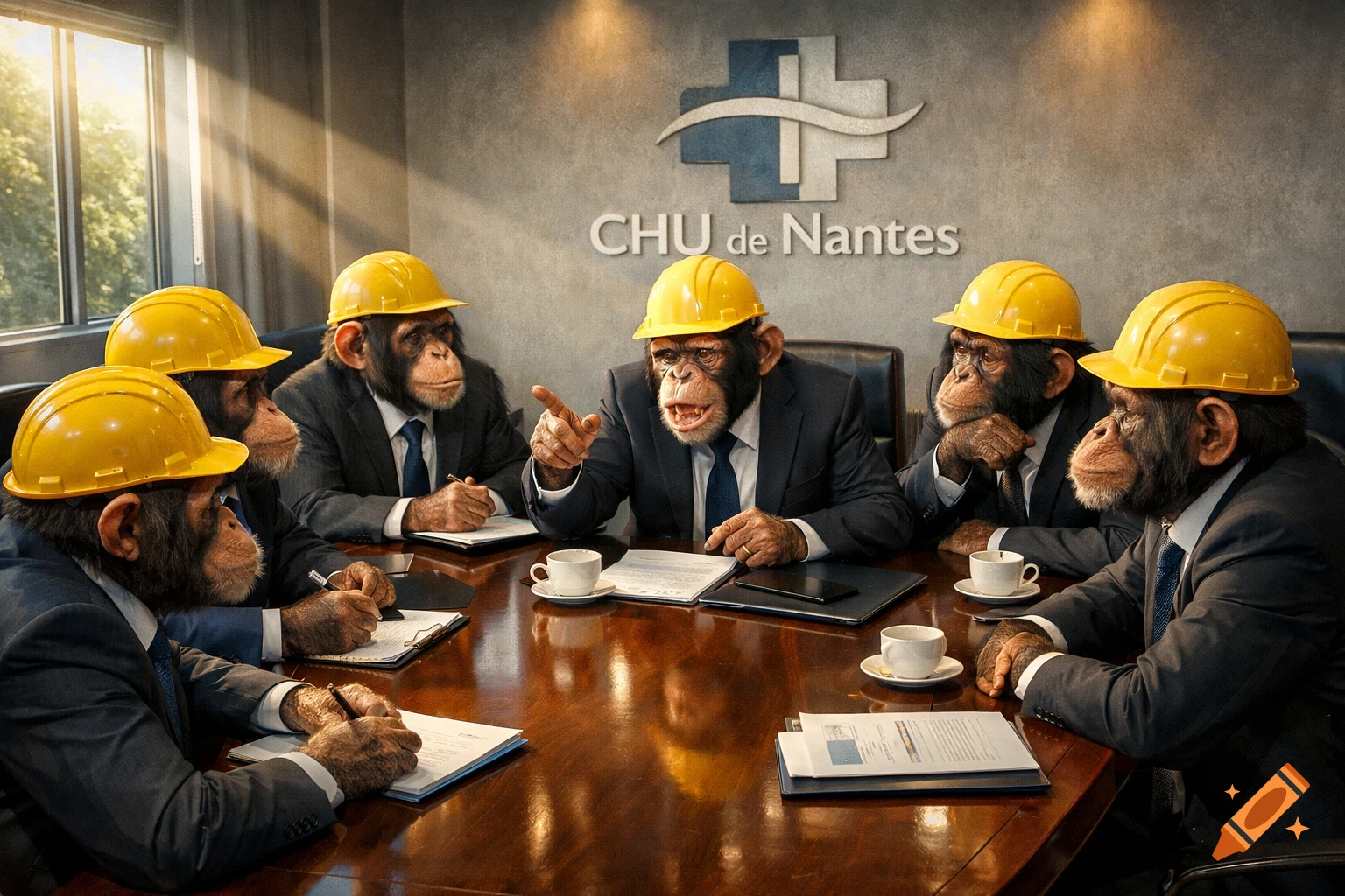 Six chimpanzees in suits and yellow hard hats meeting at a conference table with a 'CHU de Nantes' logo on the wall.