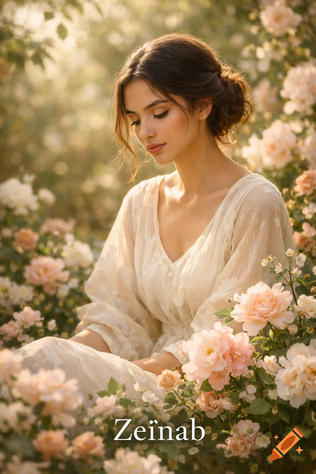 Photorealistic portrait of a serene young woman in a light dress ...
