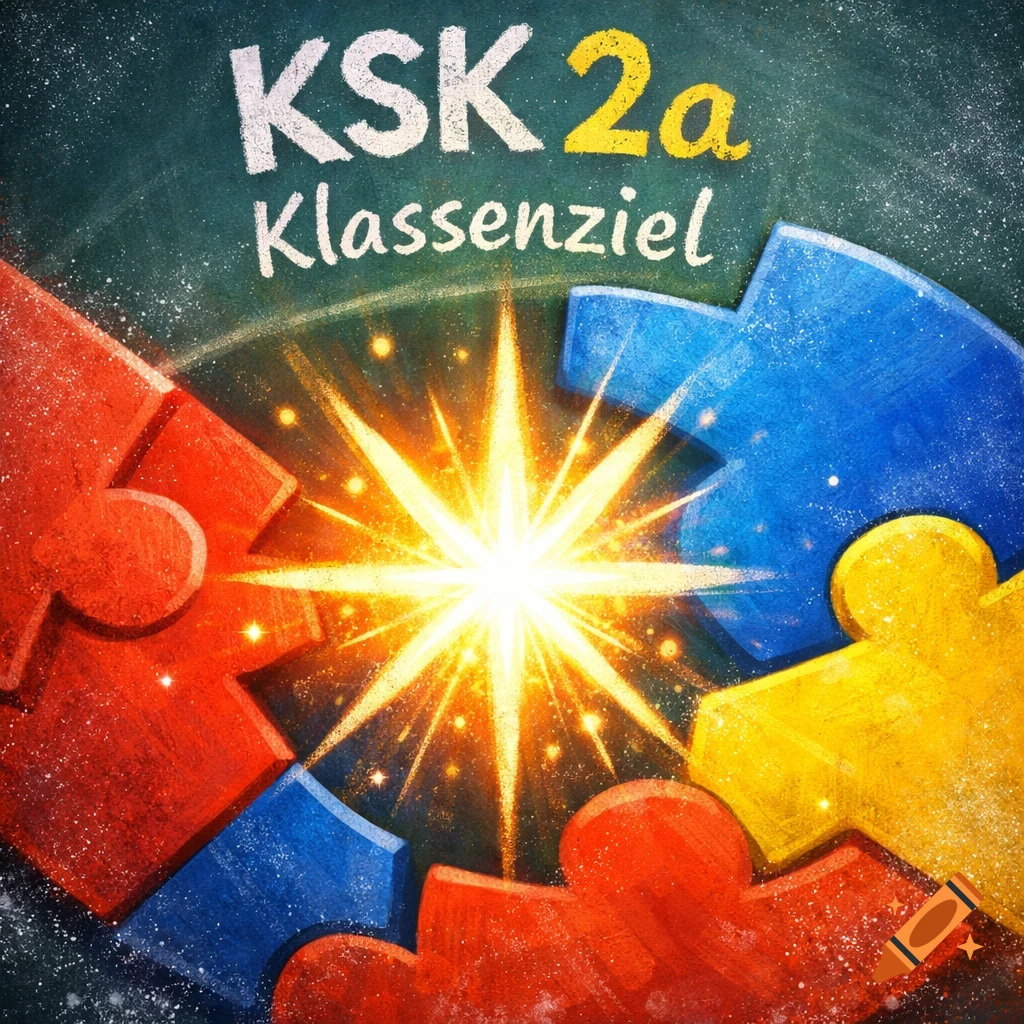 A chalkboard illustration of colorful puzzle pieces connecting around a bright glowing light, with the text 'KSK 2a Klassenziel' above.