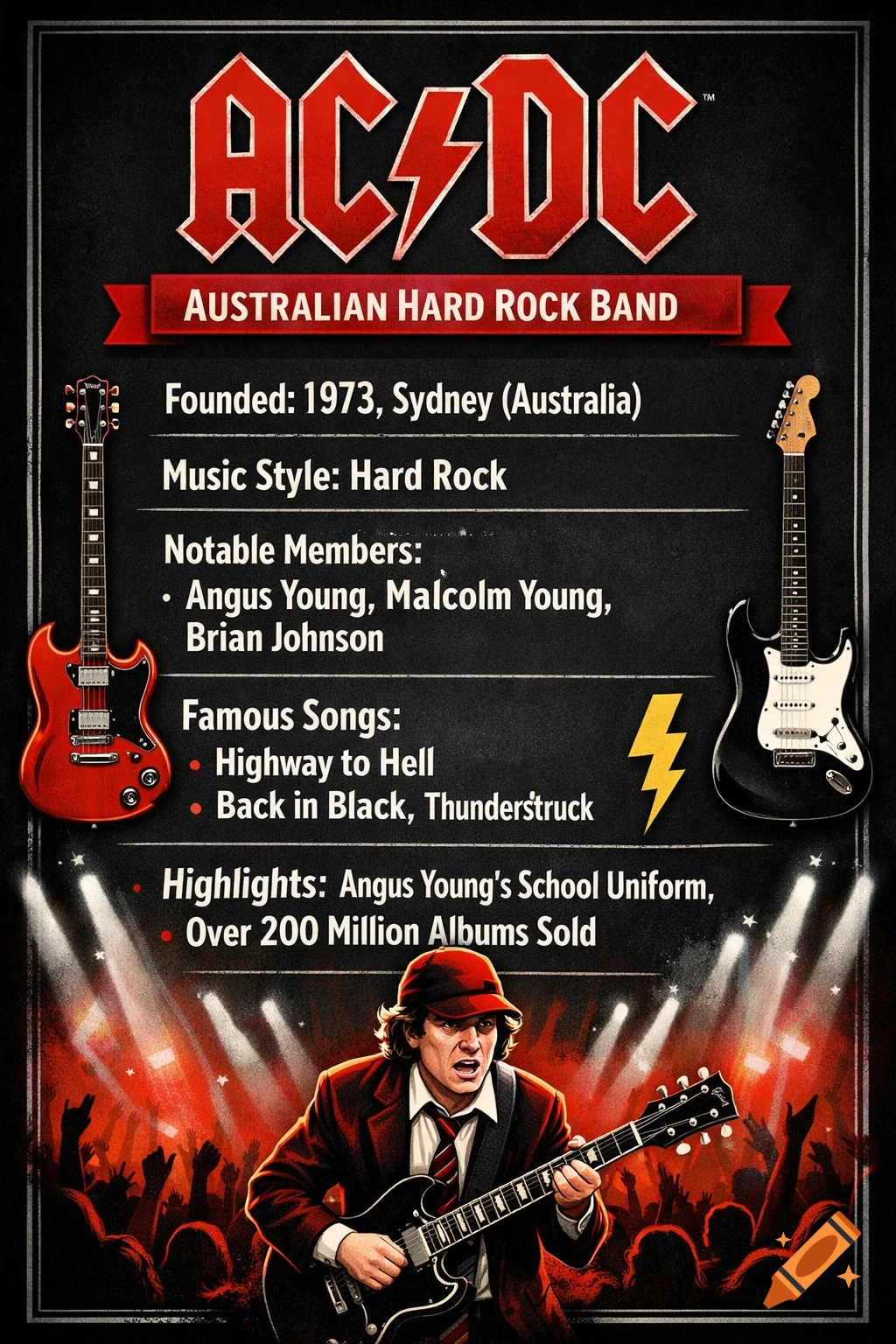 A portrait-style school poster about AC/DC, featuring their logo, band information, guitars, and Angus Young performing onstage.
