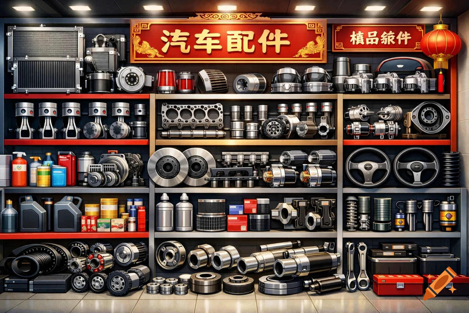 A detailed view of shelves packed with various automotive parts like pistons, brake discs, and steering wheels, with Chinese signs above.