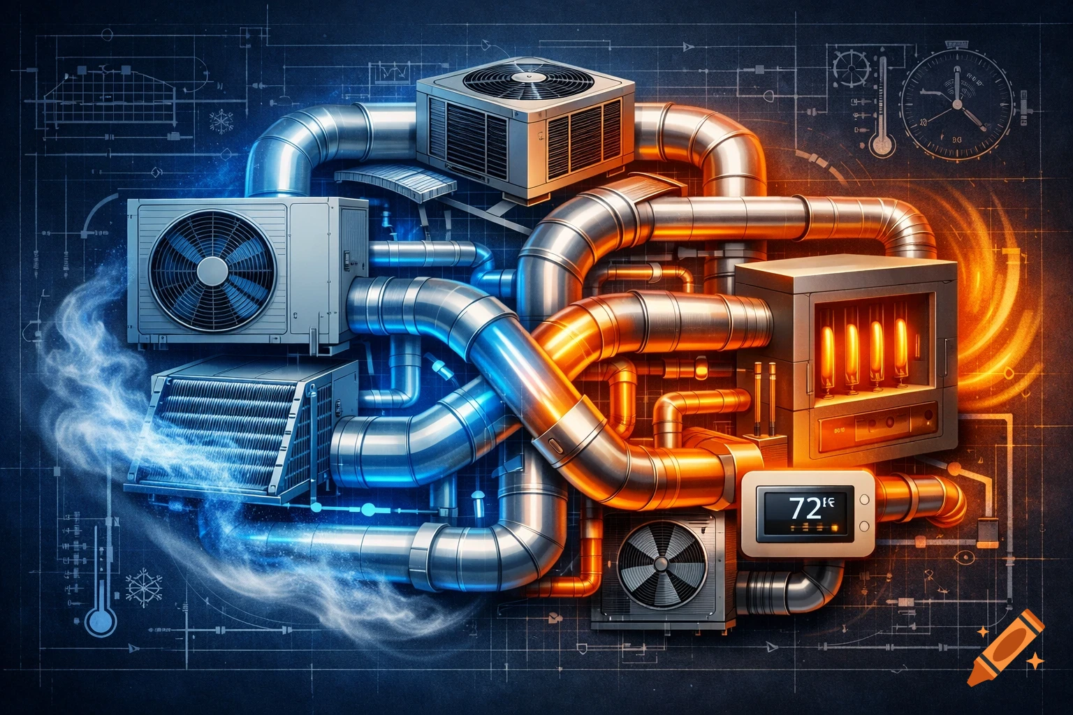 Detailed cutaway of a complex HVAC system, showing blue cool air pipes and orange hot air pipes, with machinery and a digital display on a blueprint background.