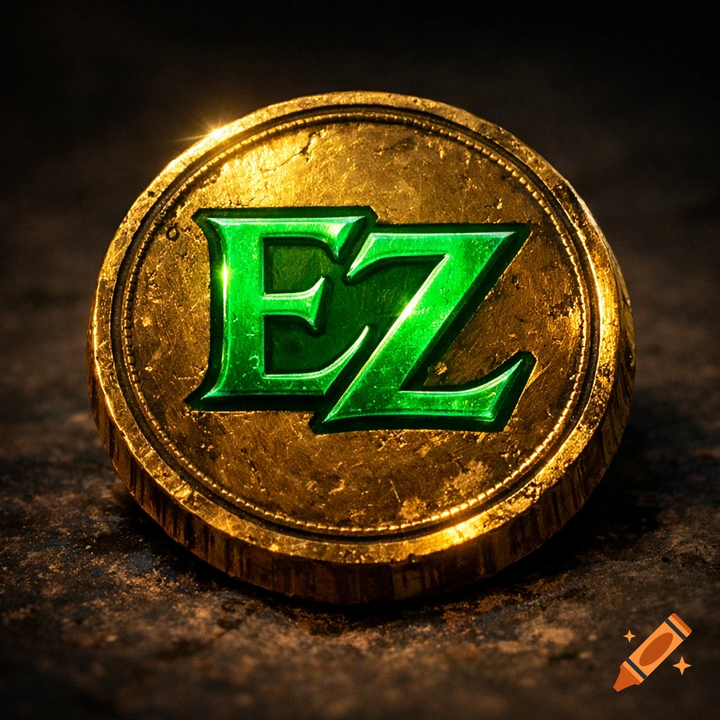 A close-up of a weathered golden coin with the letters EZ in glowing green on its surface, resting on a dark, textured background.