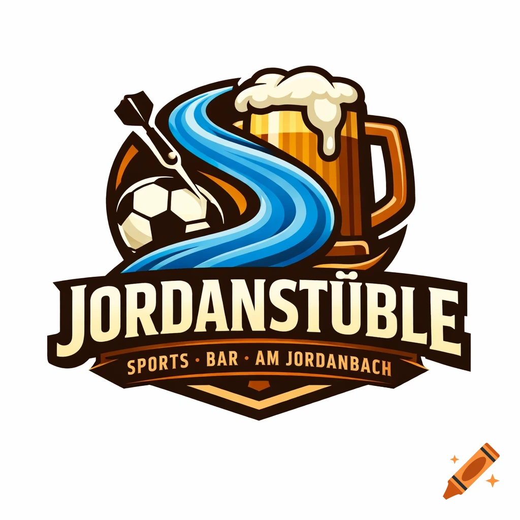 Logo for Jordanstüble Sports Bar featuring a beer mug, blue river, soccer ball, and dart.