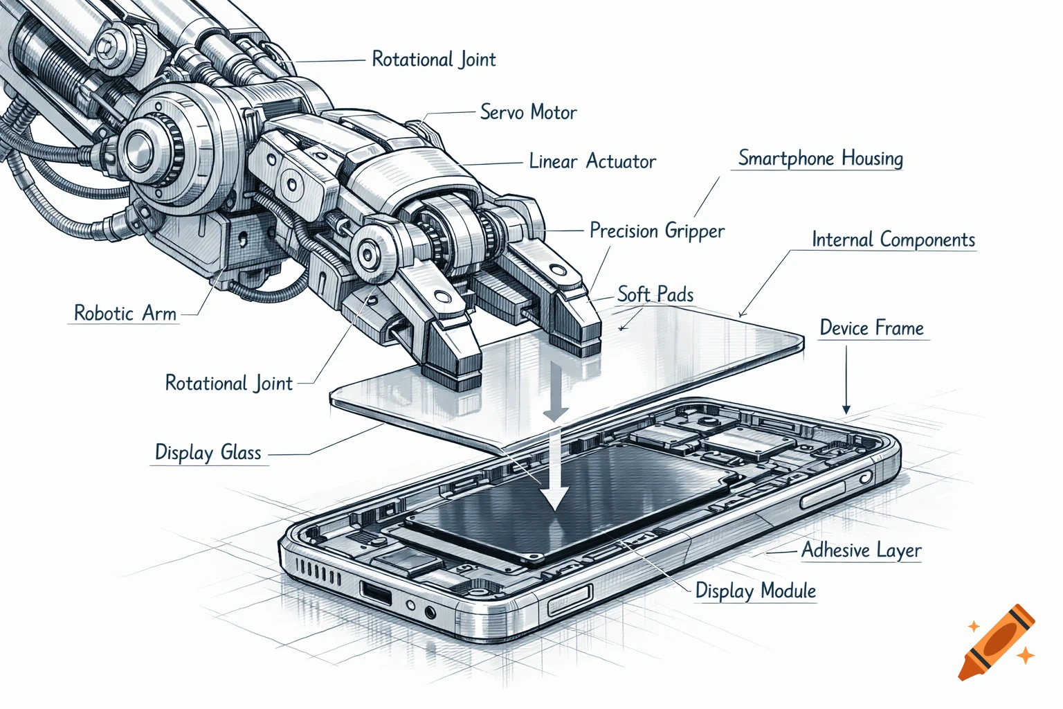 Blueprint diagram of a robotic arm inserting display glass into a smartphone housing, with labels for components.