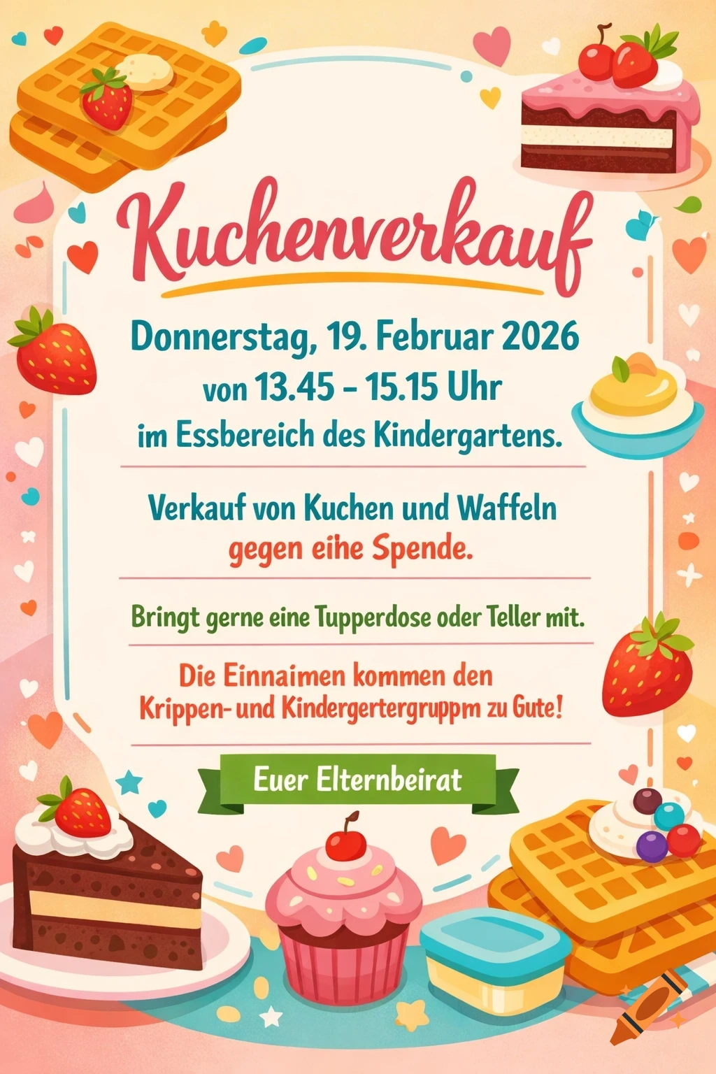 A colorful, flat-design poster for a cake sale with illustrations of waffles, strawberries, and cakes. The text announces a cake and waffle sale for a donation at a kindergarten.