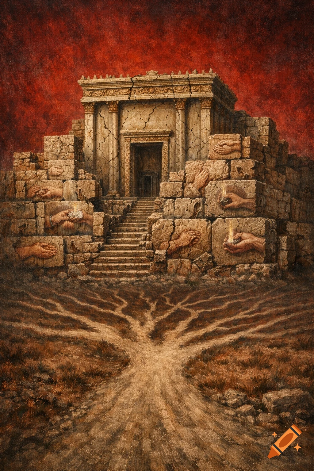 An ancient, cracked stone temple with carved hands on its blocks, under a dark red sky. A branching path leads to its base.