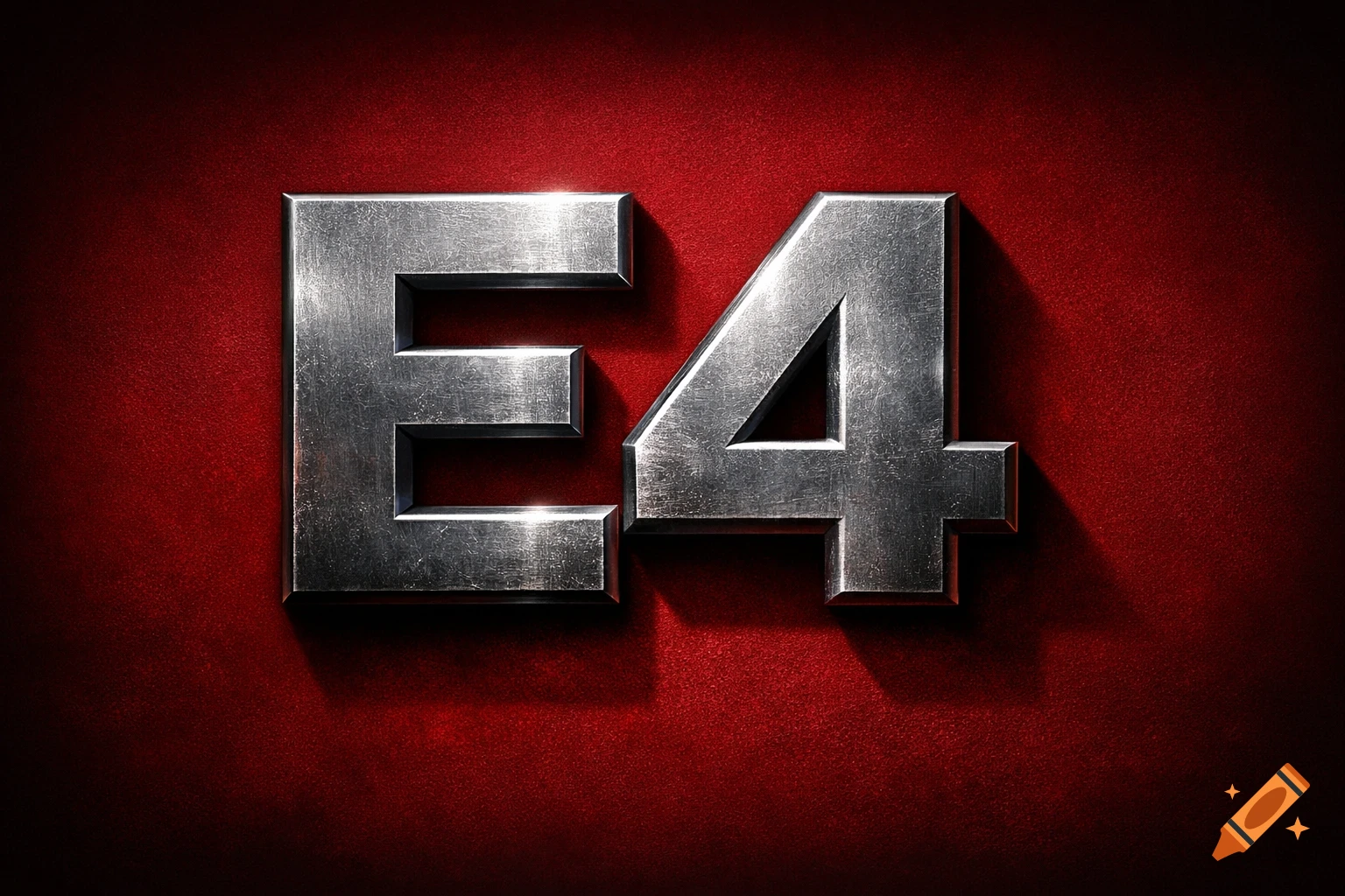 Bold metallic silver text 'E4' on a deep red textured background.