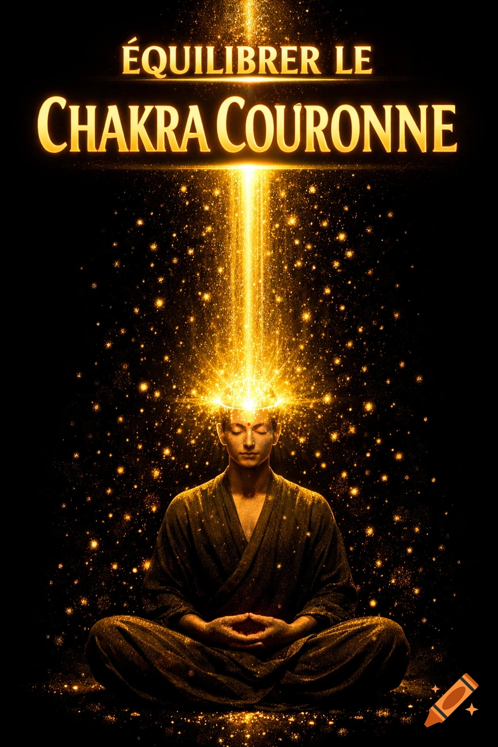Meditating figure surrounded by golden light and particles, with a beam of light from the crown. Text reads 'ÉQUILIBRER LE CHAKRA COURONNE'.