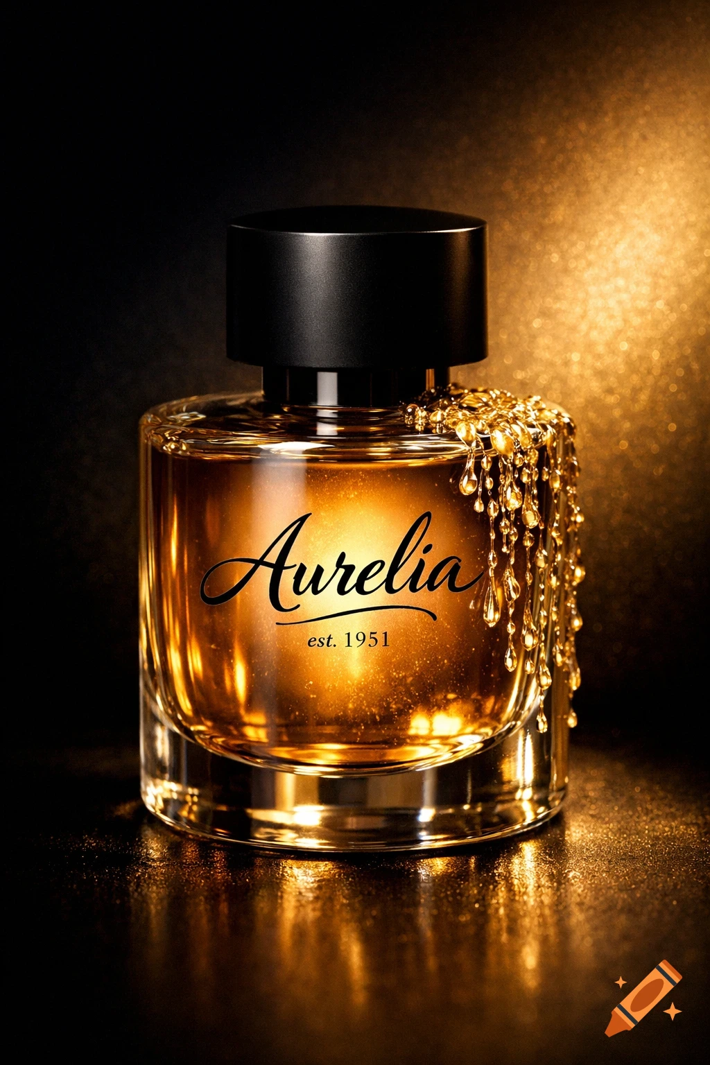 Golden perfume bottle with black cap, 'Aurelia est. 1951', golden liquid drips, shimmering gold and black background.