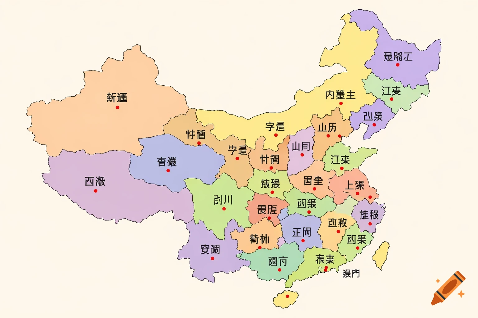 A colorful political map of China showing provincial divisions with Traditional Chinese names and red dots for capital cities.
