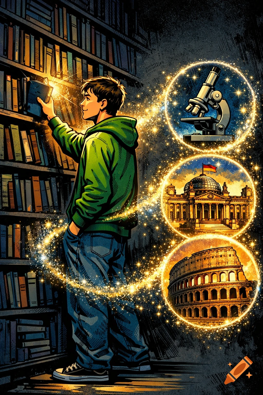 Graphic novel style illustration of a boy in a library pulling a glowing book, with magic dust showing a microscope, the Reichstag, and the Colosseum.