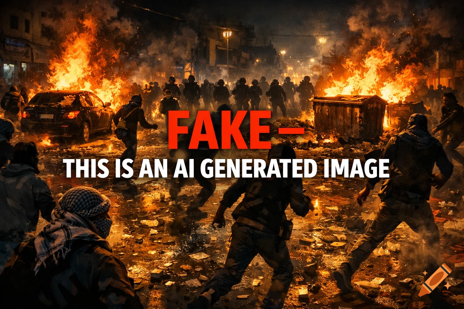 A stylized illustration of a chaotic protest scene in a dark city street, with burning cars, smoke, and groups of running people. A large red and white text overlay reads "FAKE - THIS IS AN AI GENERATED IMAGE".