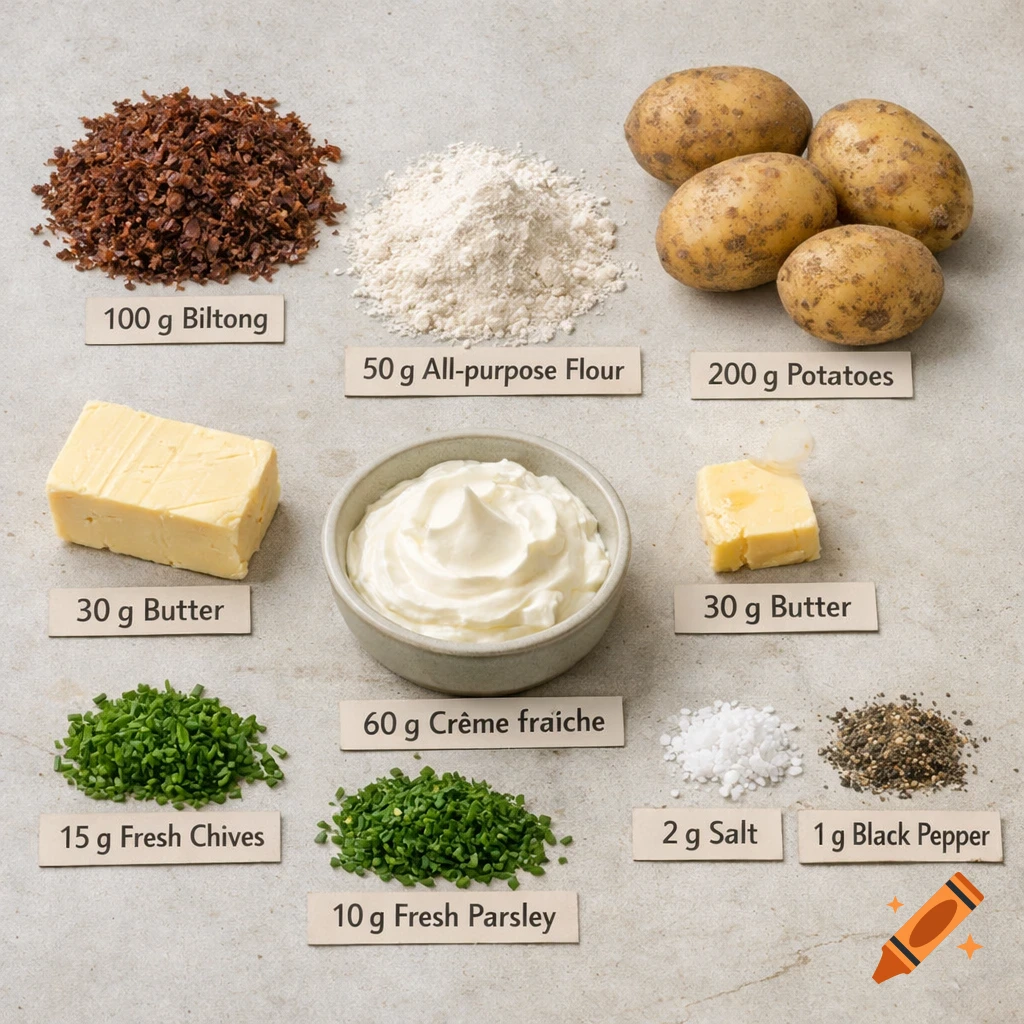 Overhead view of various cooking ingredients like biltong, flour, potatoes, butter, and herbs with labels.