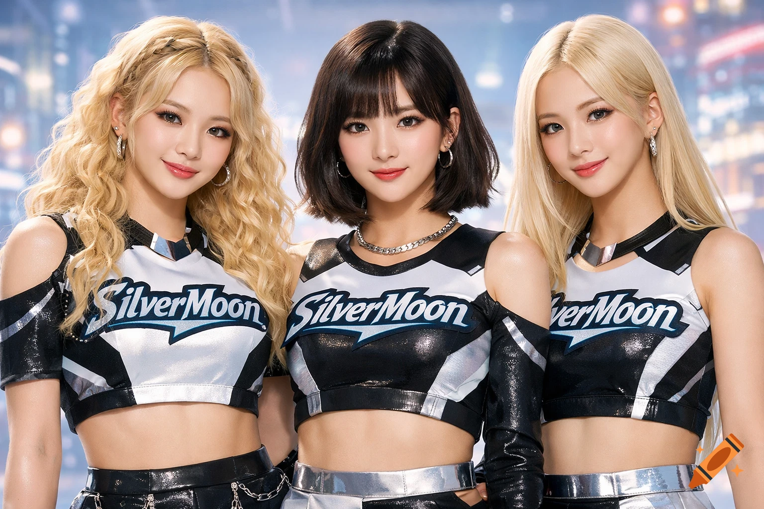 Three K-pop idols with blonde, dark, and blonde hair pose in black and silver 'SilverMoon' crop tops.