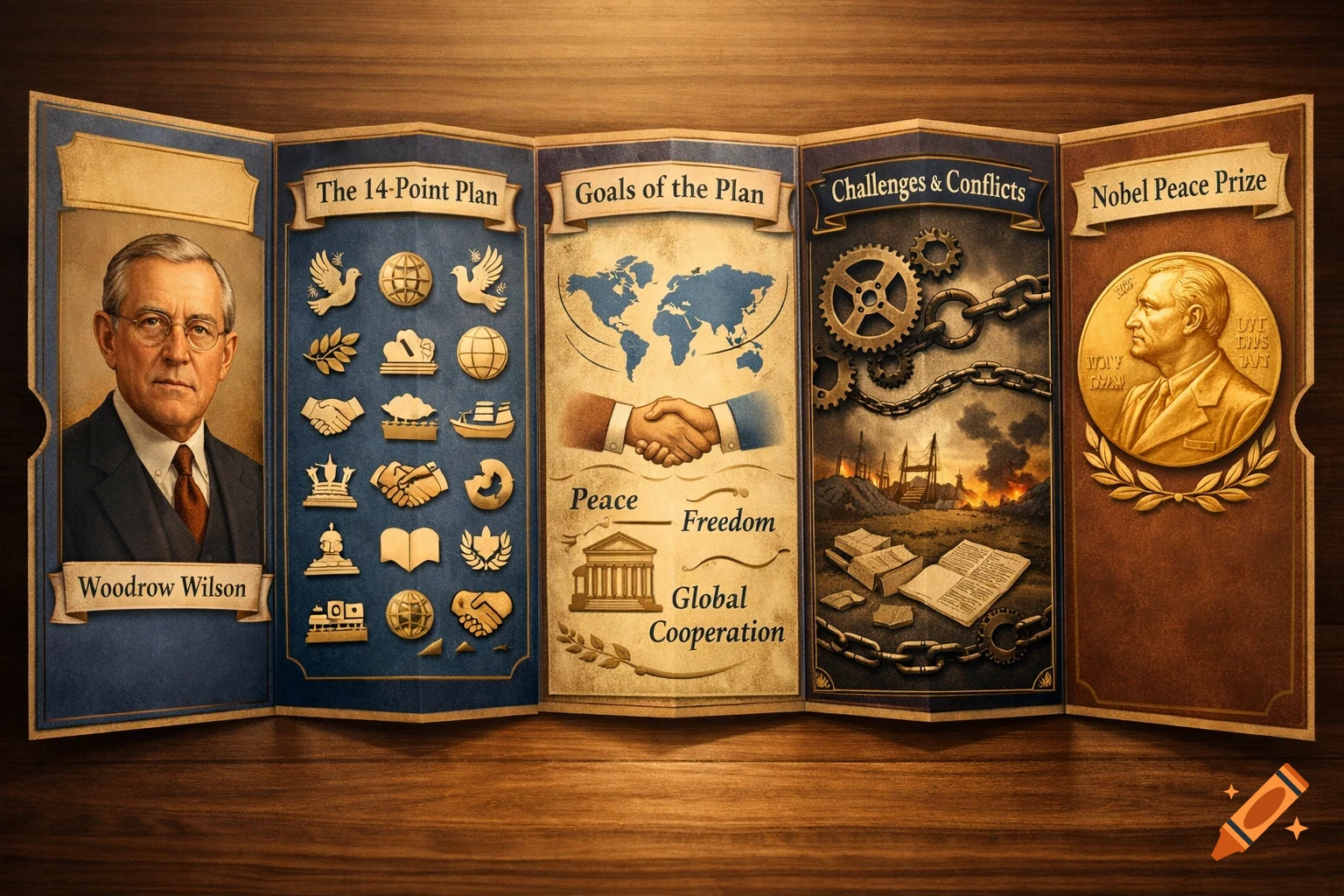 A vintage-style lapbook displaying five sections related to Woodrow Wilson: his portrait, the 14-Point Plan, Goals of the Plan, Challenges & Conflicts, and the Nobel Peace Prize medallion. It features illustrations, text, and icons.