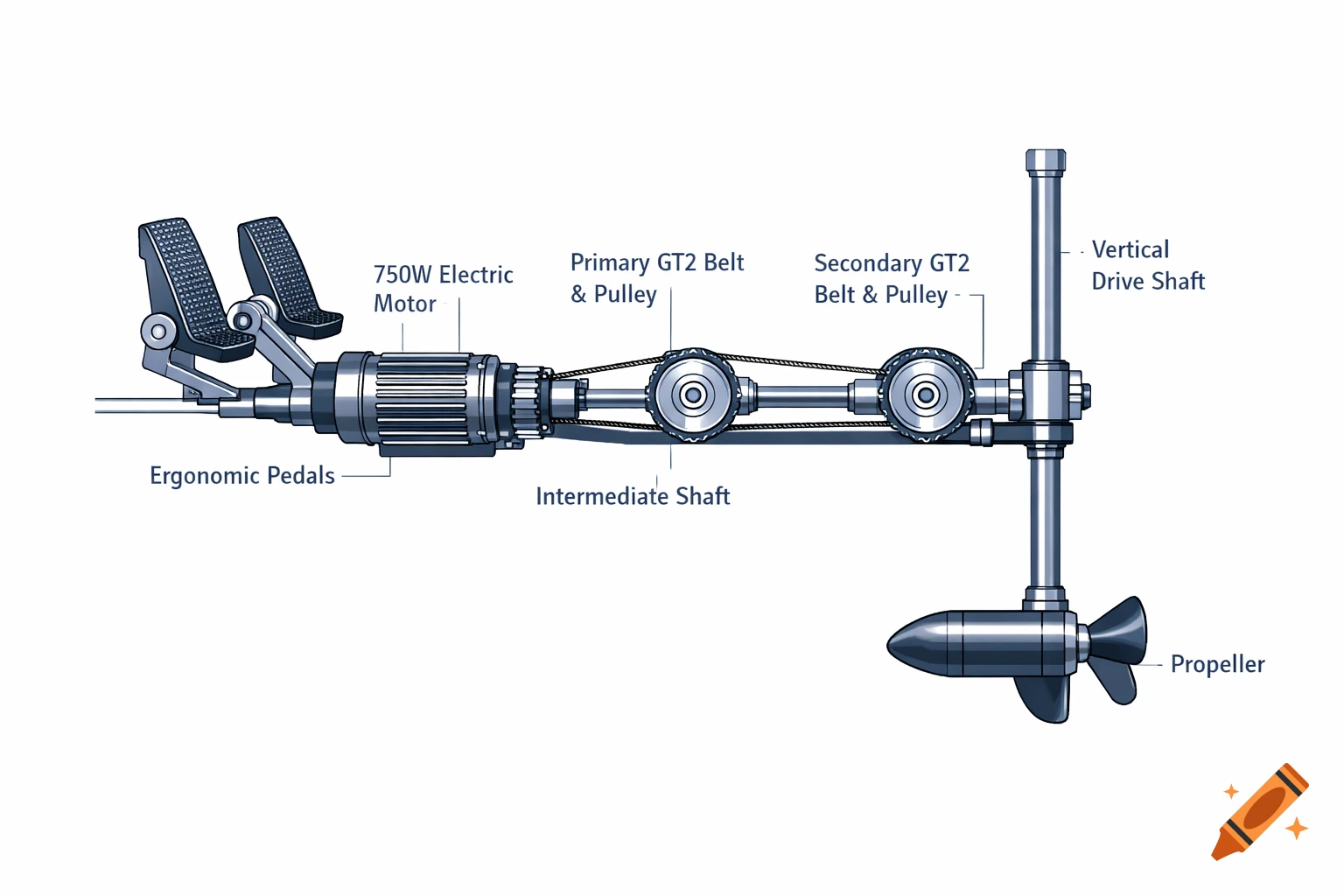 Technical illustration of a kayak pedal system with a 750W electric motor, two GT2 belt reductions, shafts, and propeller.