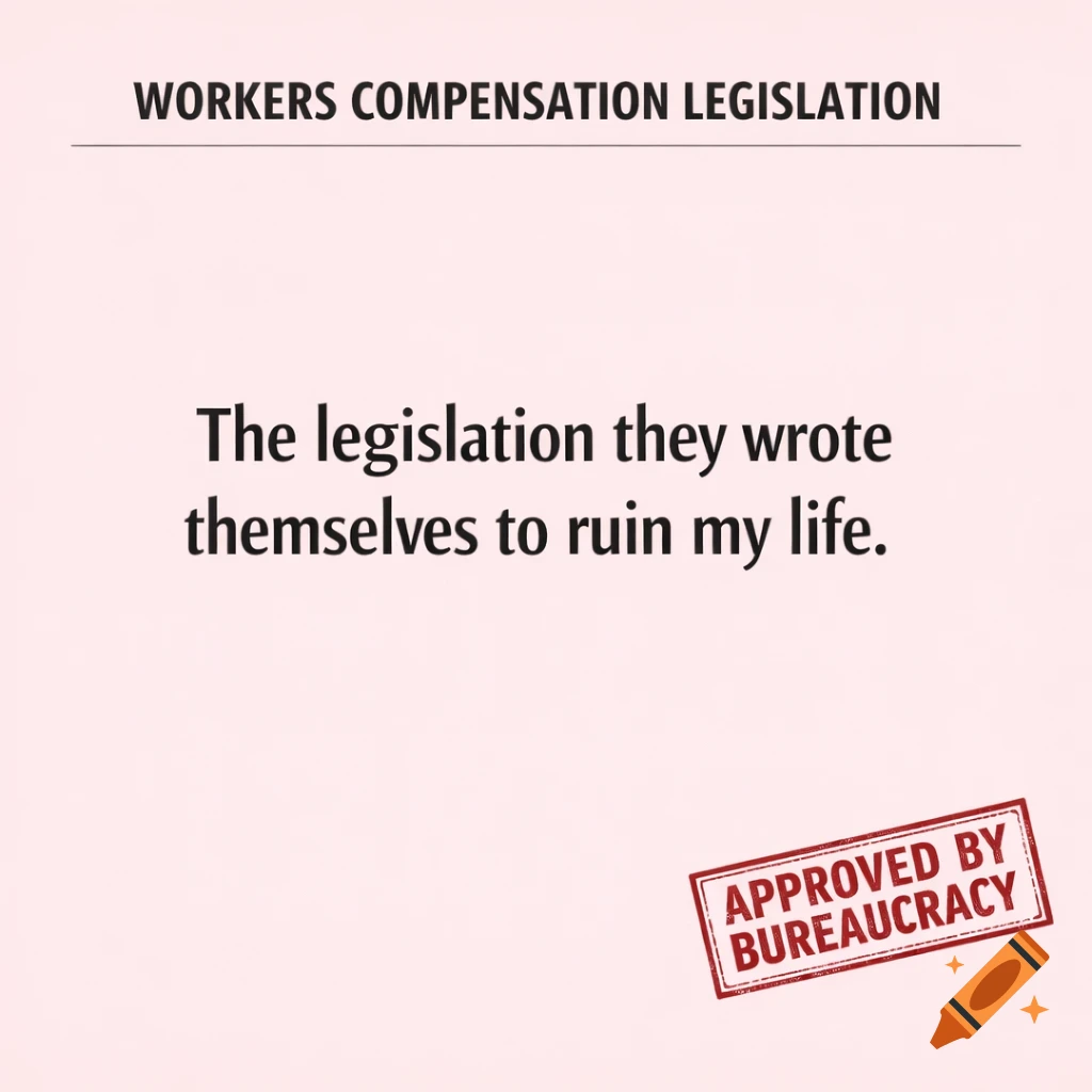 A simple graphic with text 'Workers Compensation Legislation', 'The legislation they wrote themselves to ruin my life.', and a stamp 'Approved by Bureaucracy' on a pink background.