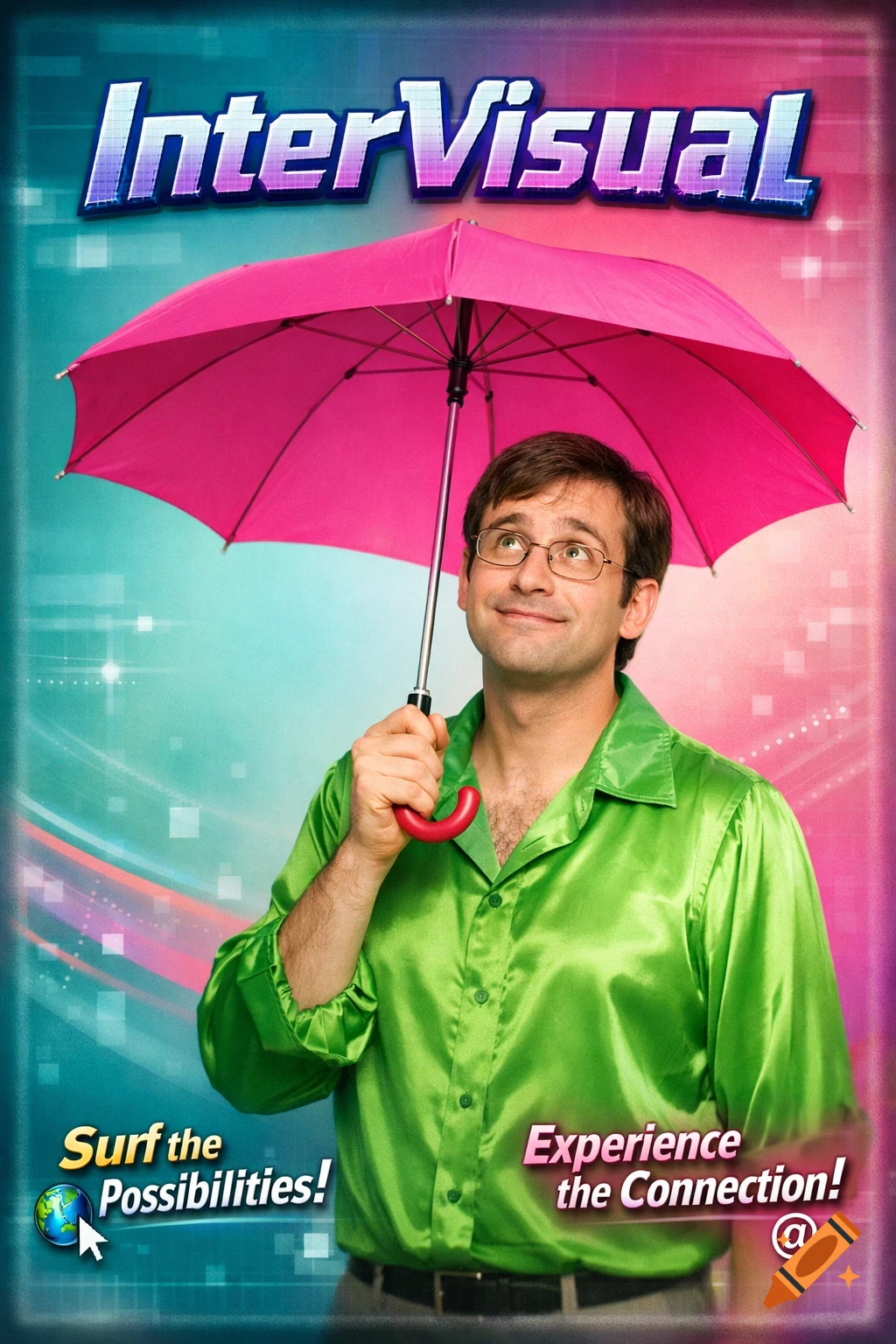 A man in glasses and a shiny green shirt holds a pink umbrella against an early 2000s-style promotional background with 'InterVisual' text.