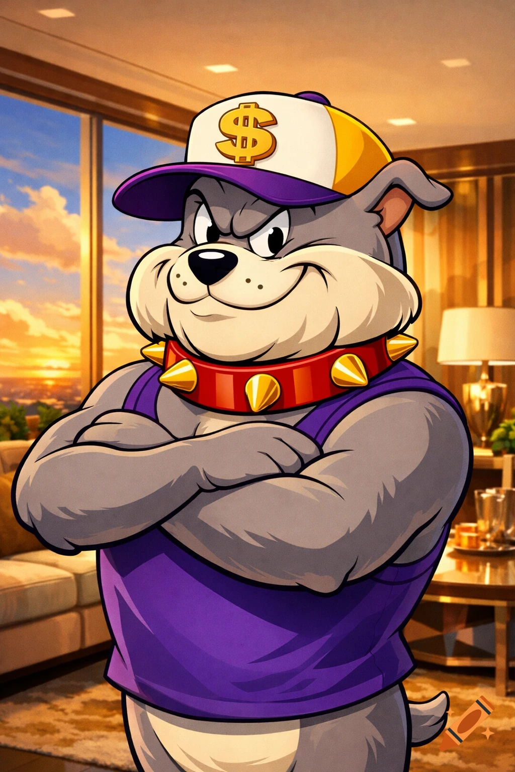Cartoon bulldog with crossed arms, purple tank top, spiked collar, and cap with a dollar sign, standing in a luxury living room with a sunset view.