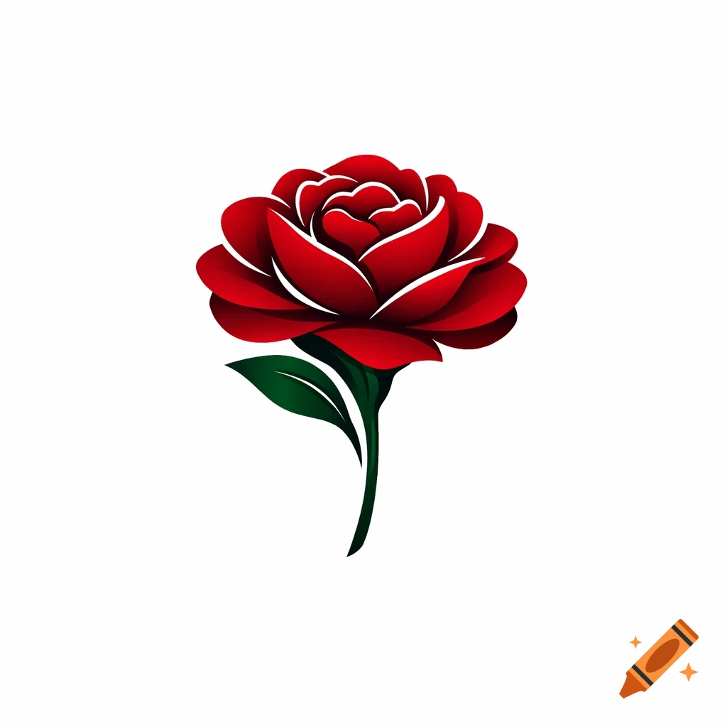 A stylized vector illustration of a vibrant red rose with dark green leaves and stem, set against a white background.