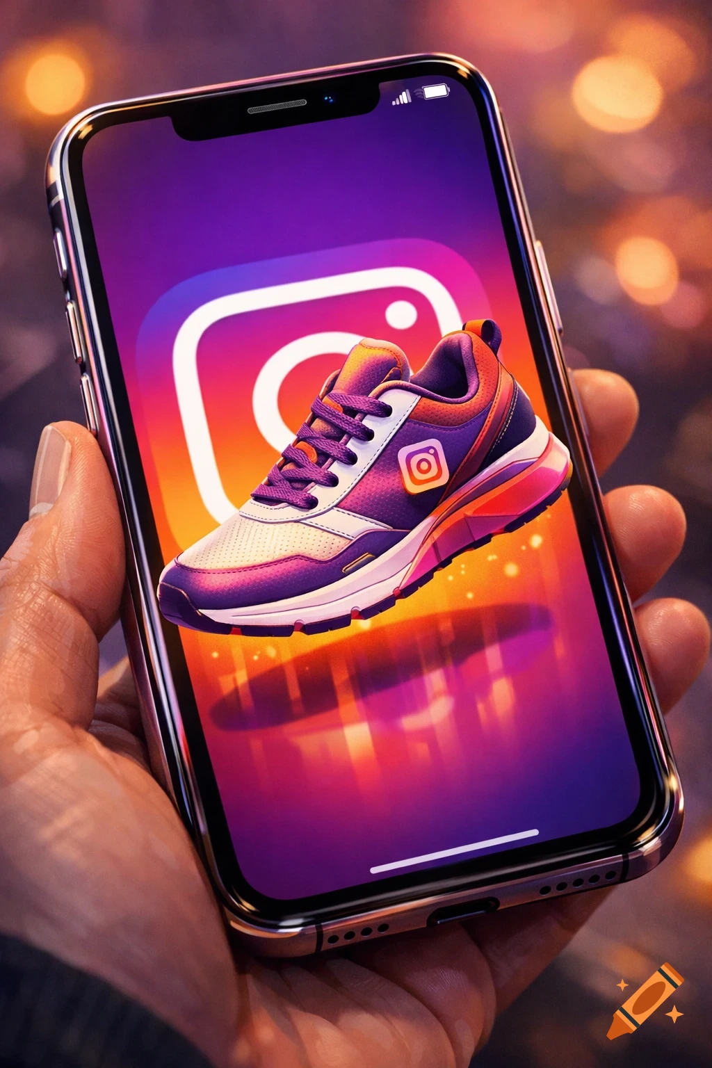 A hand holds a smartphone showing the Instagram logo and a floating sneaker with a small Instagram logo. Photorealistic.
