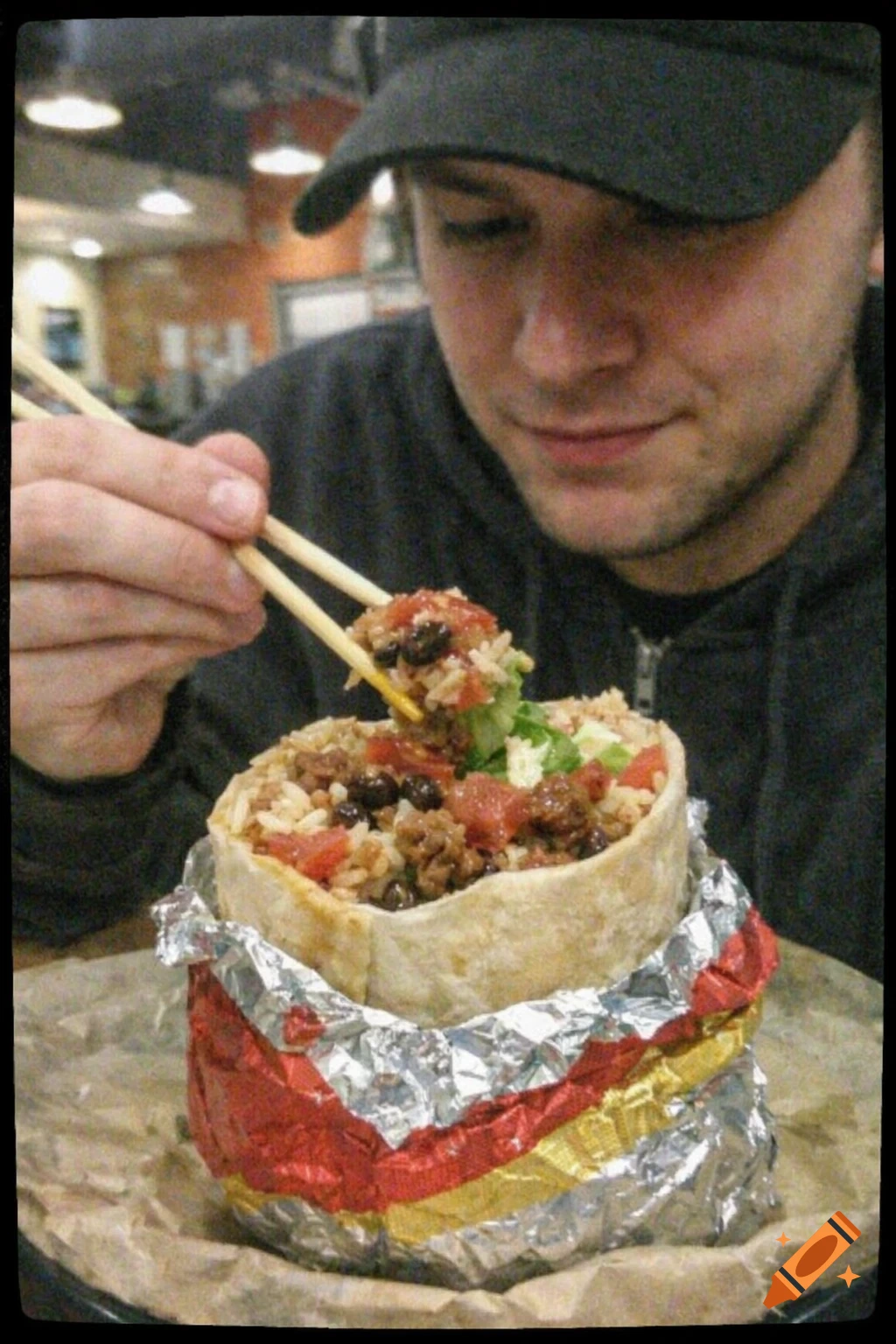 A person in a black hat uses chopsticks to eat a large, overflowing burrito in a casual restaurant setting.