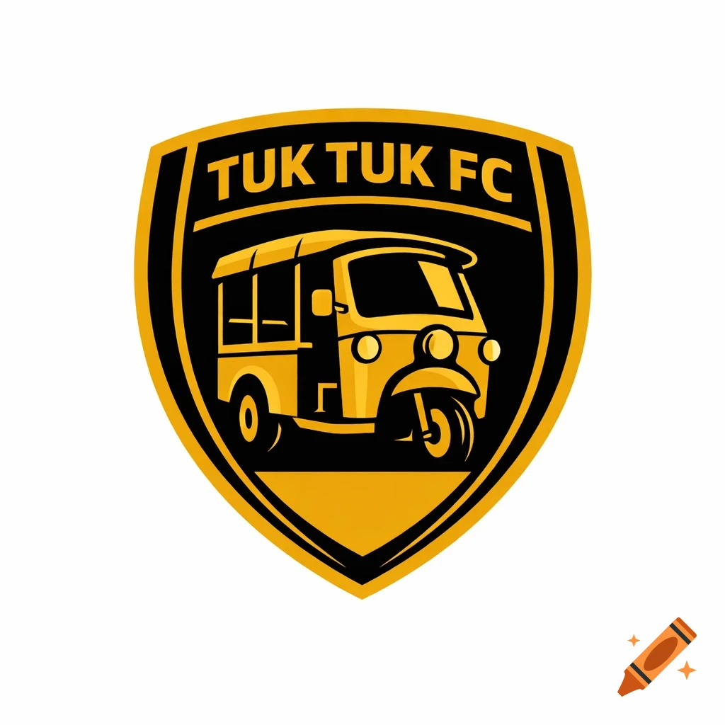 Gold and black shield-shaped logo featuring a stylized yellow tuk-tuk and the text "TUK TUK FC".