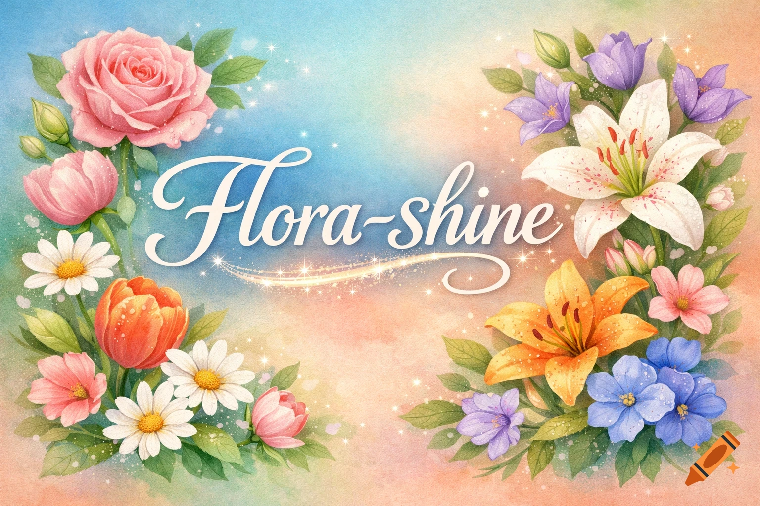 A vibrant watercolor illustration of various colorful flowers framing the text 'Flora-shine' on a pastel gradient background.