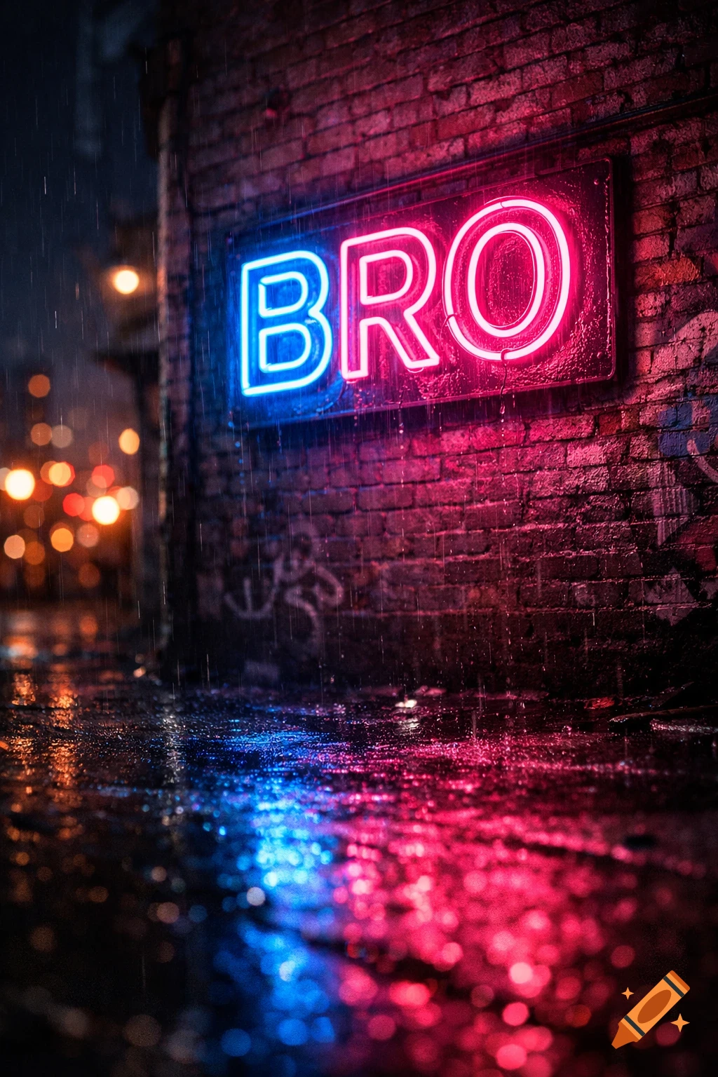 A neon sign reading "BRO" in blue and pink glows on a wet brick wall in a dark, rainy alley, reflecting onto the puddles below.