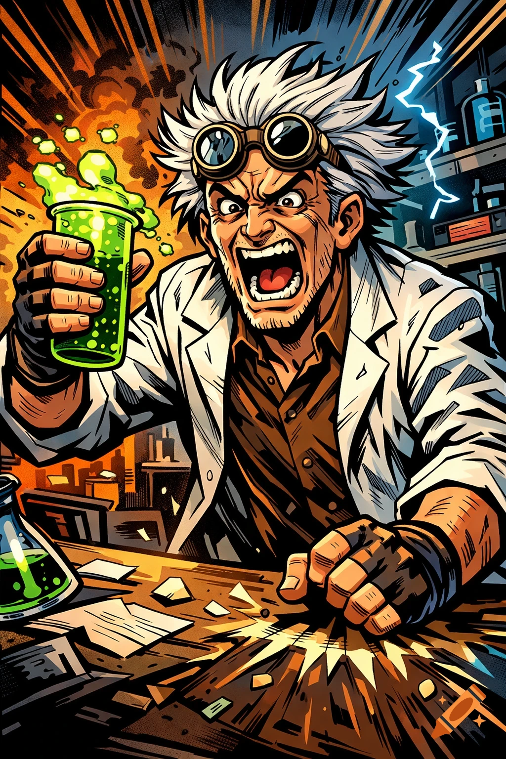 A mad scientist with goggles and wild hair holds a bubbling green beaker, yelling in a comic book style.