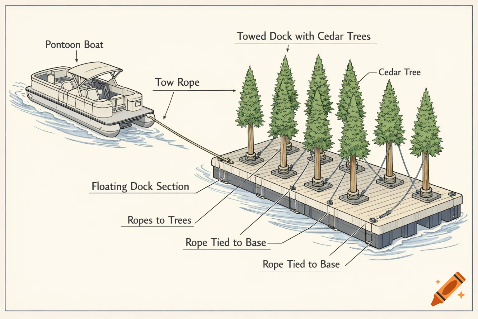 A technical diagram shows a pontoon boat towing a floating dock section with several cedar trees secured to it by ropes and labeled parts.