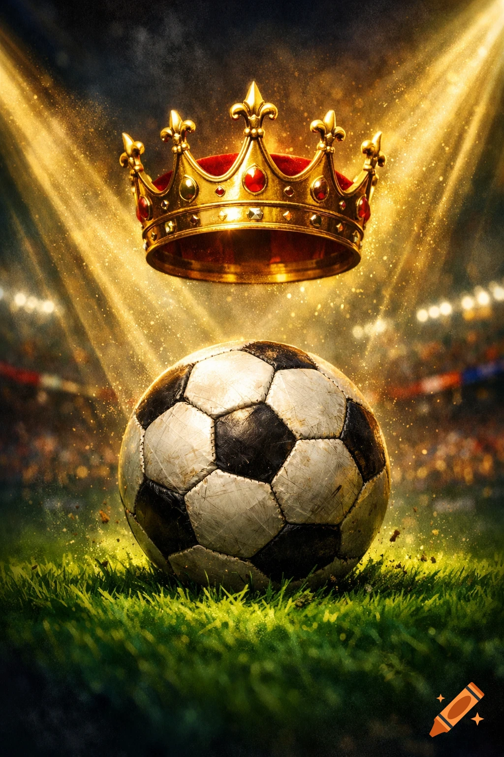 A soccer ball on green grass in a stadium, with a golden crown floating above it, illuminated by golden light.