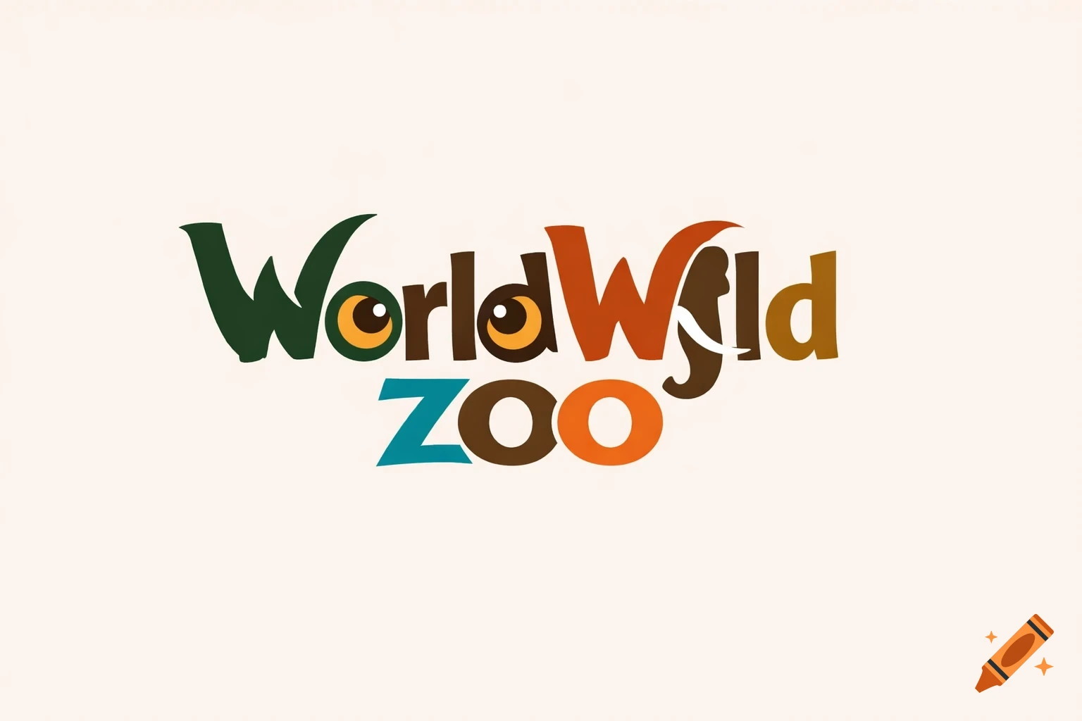 A colorful, stylized logo for "WorldWild Zoo" features text with animal eyes integrated into the 'o's and a subtle animal head shape.