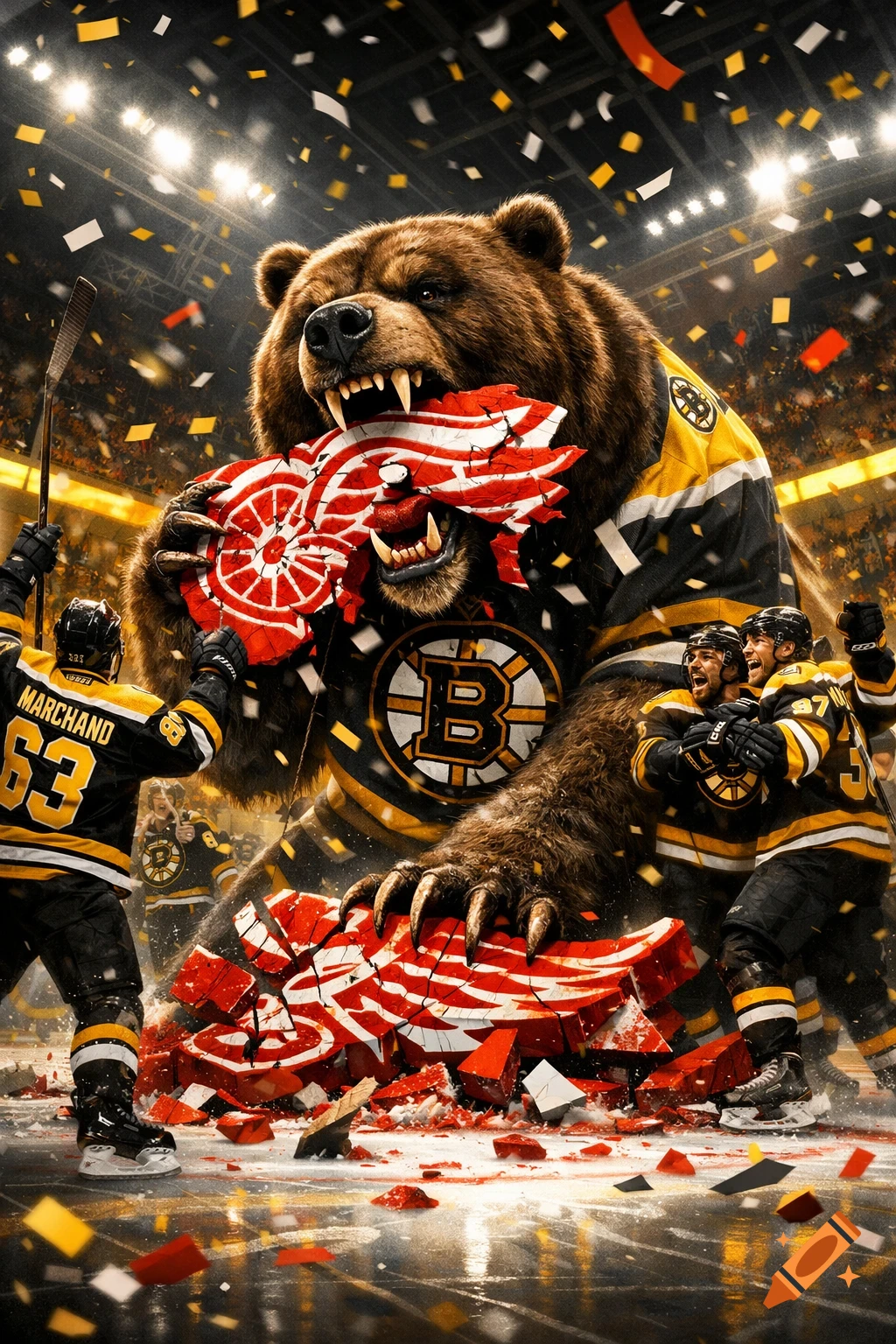 A giant bear in a Boston Bruins jersey tears apart a Detroit Red Wings logo on a hockey rink as Bruins players celebrate.
